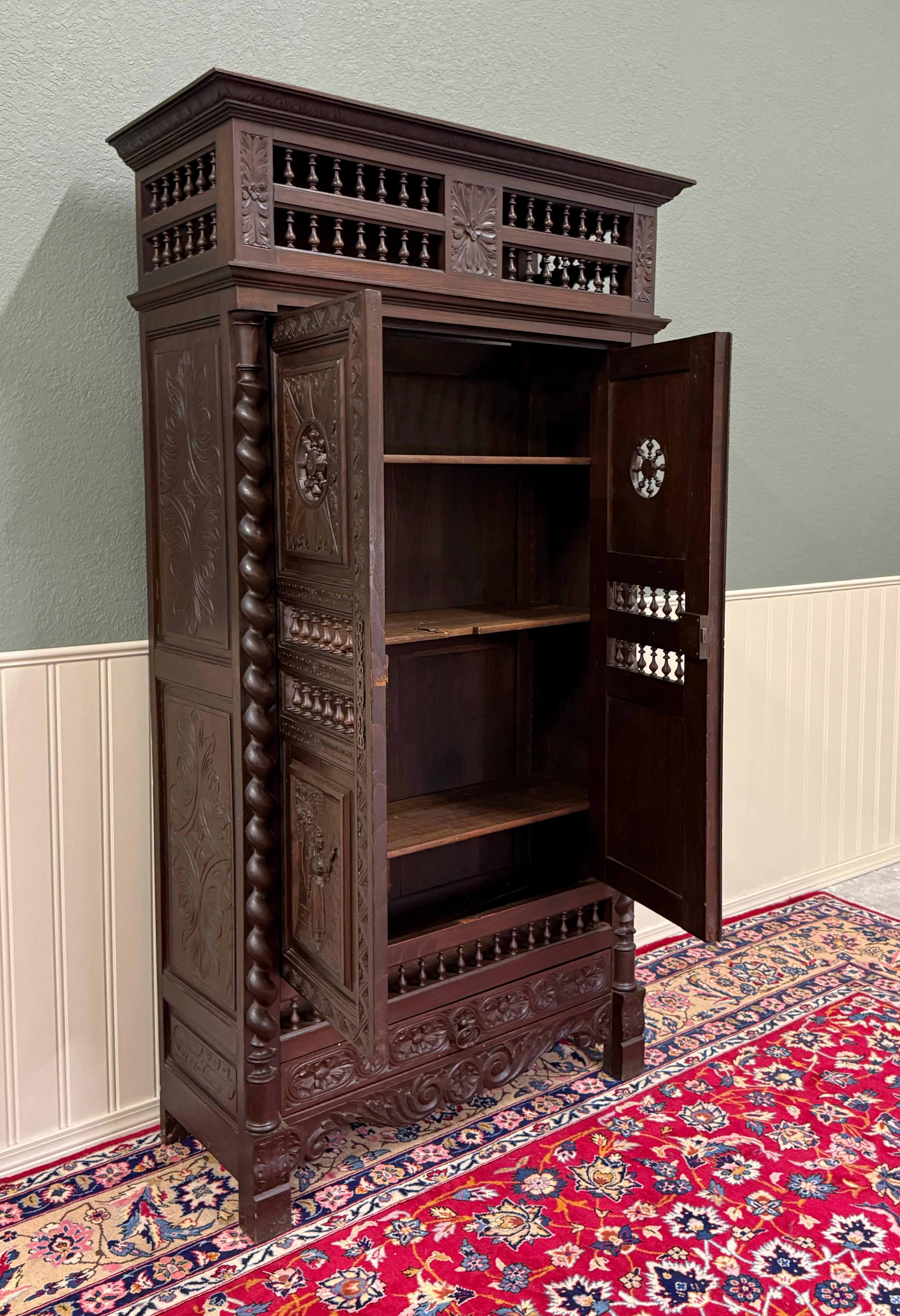 Antique French Breton Armoire Wardrobe Linen Cabinet Barley Twist Chestnut 19C In Good Condition For Sale In Tyler, TX