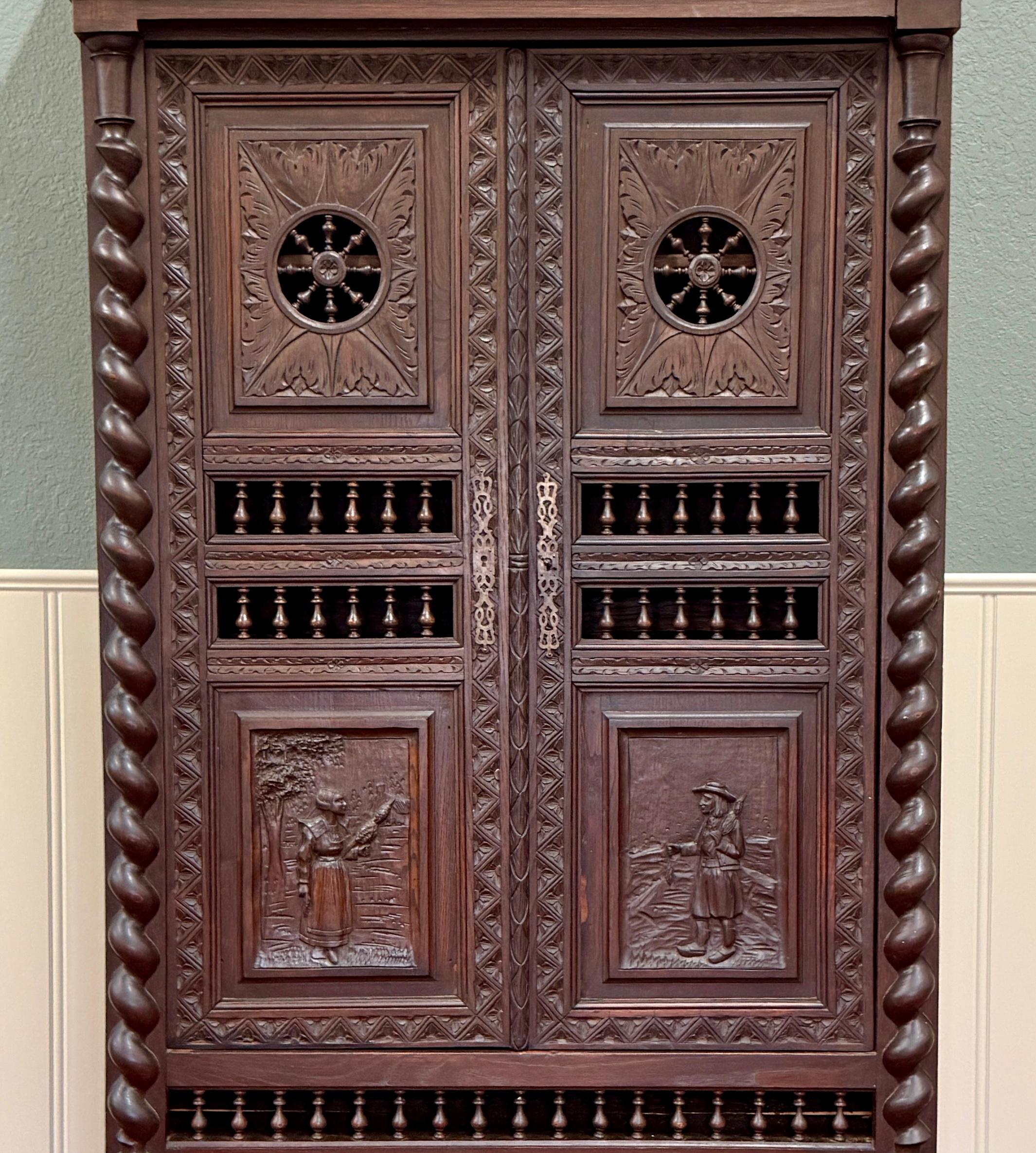 19th Century Antique French Breton Armoire Wardrobe Linen Cabinet Barley Twist Chestnut 19C For Sale