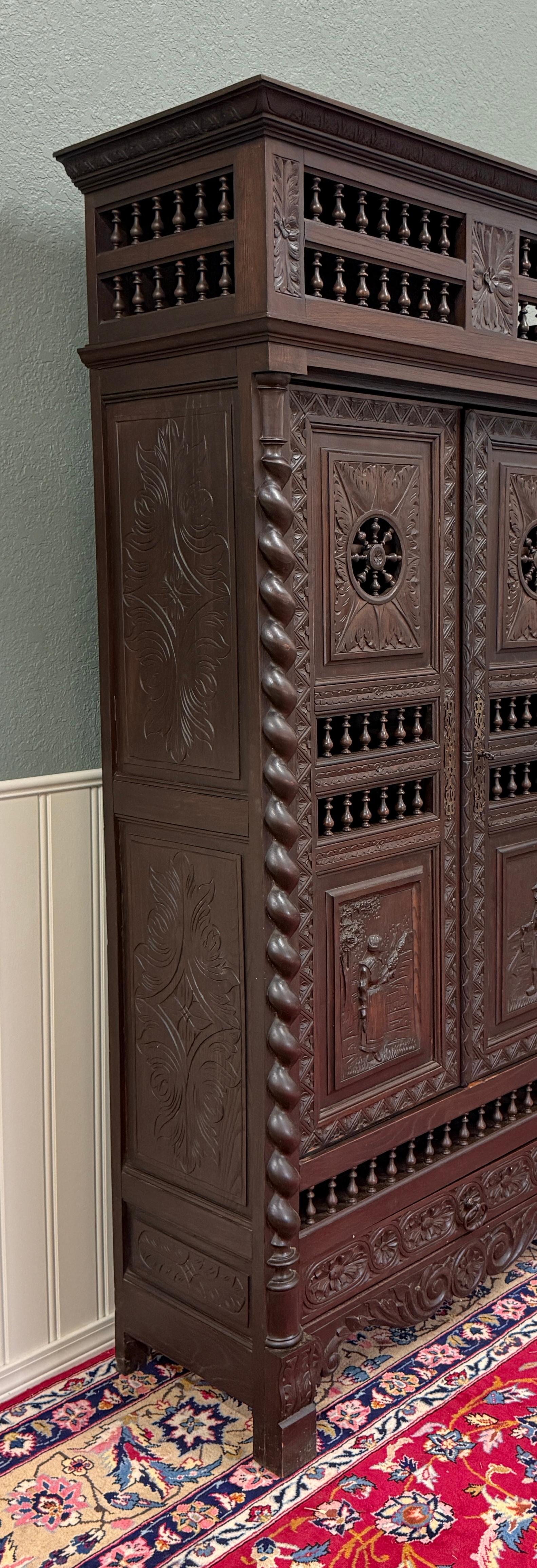 Antique French Breton Armoire Wardrobe Linen Cabinet Barley Twist Chestnut 19C For Sale 1