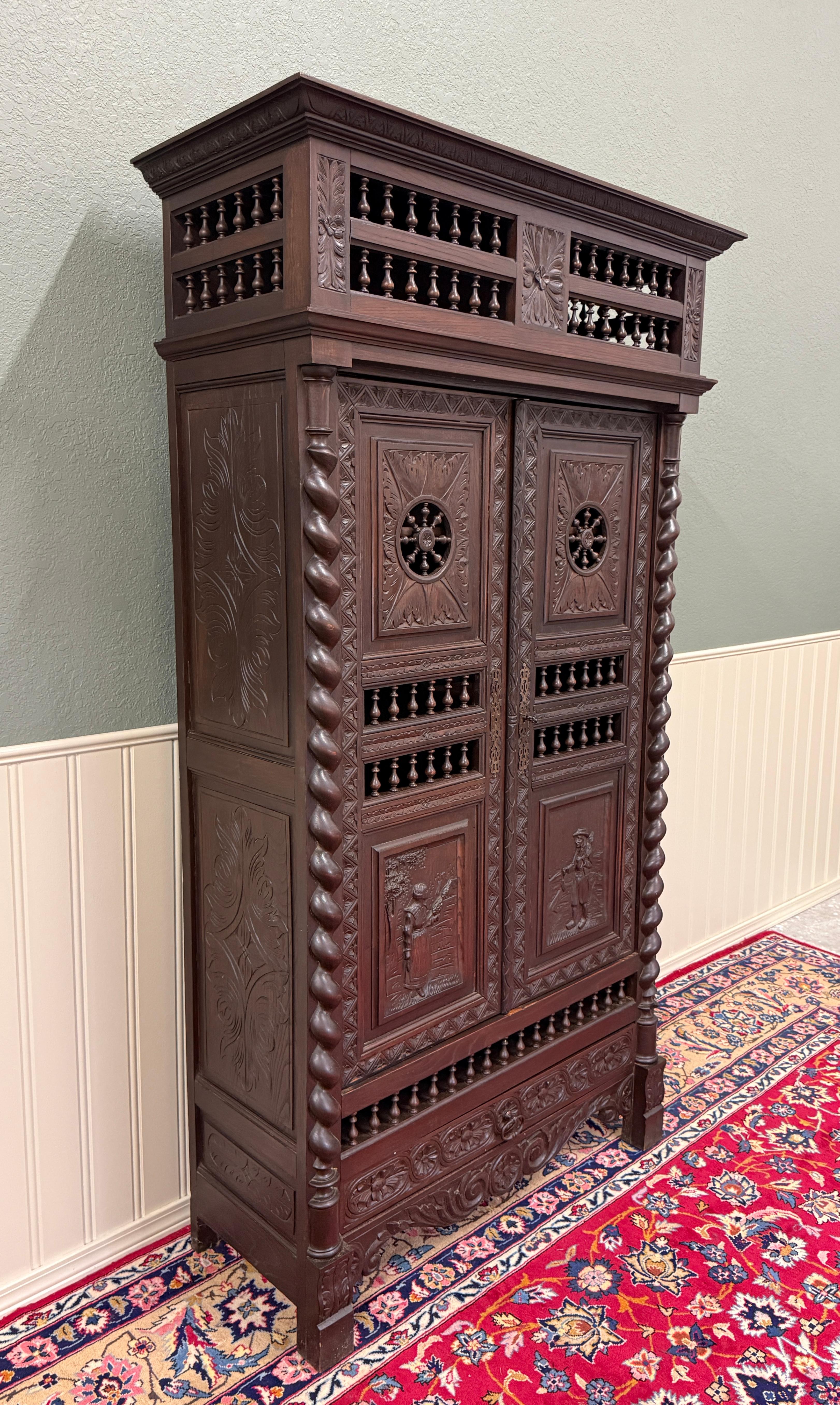 Antique French Breton Armoire Wardrobe Linen Cabinet Barley Twist Chestnut 19C For Sale 2