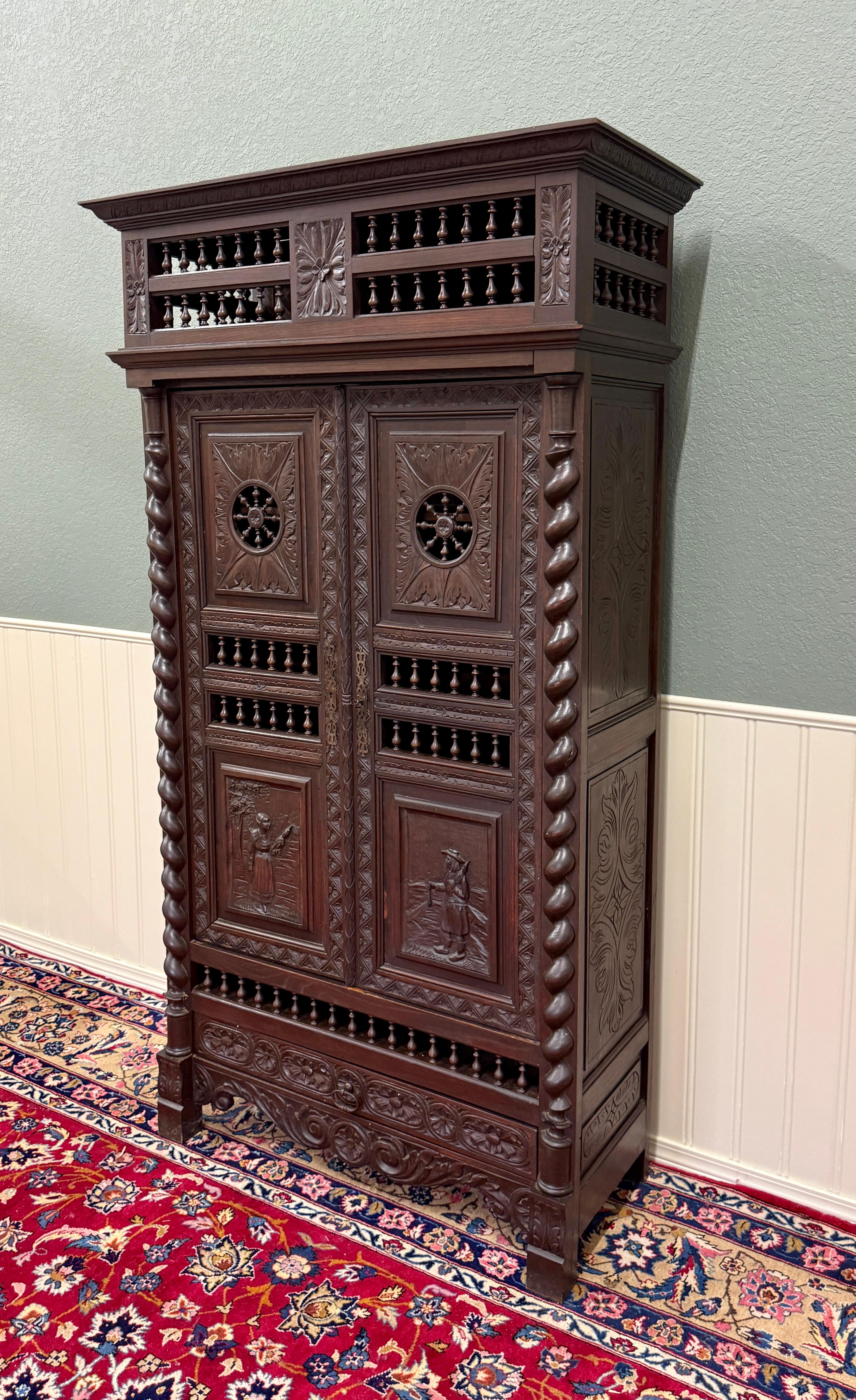 Antique French Breton Armoire Wardrobe Linen Cabinet Barley Twist Chestnut 19C For Sale 3