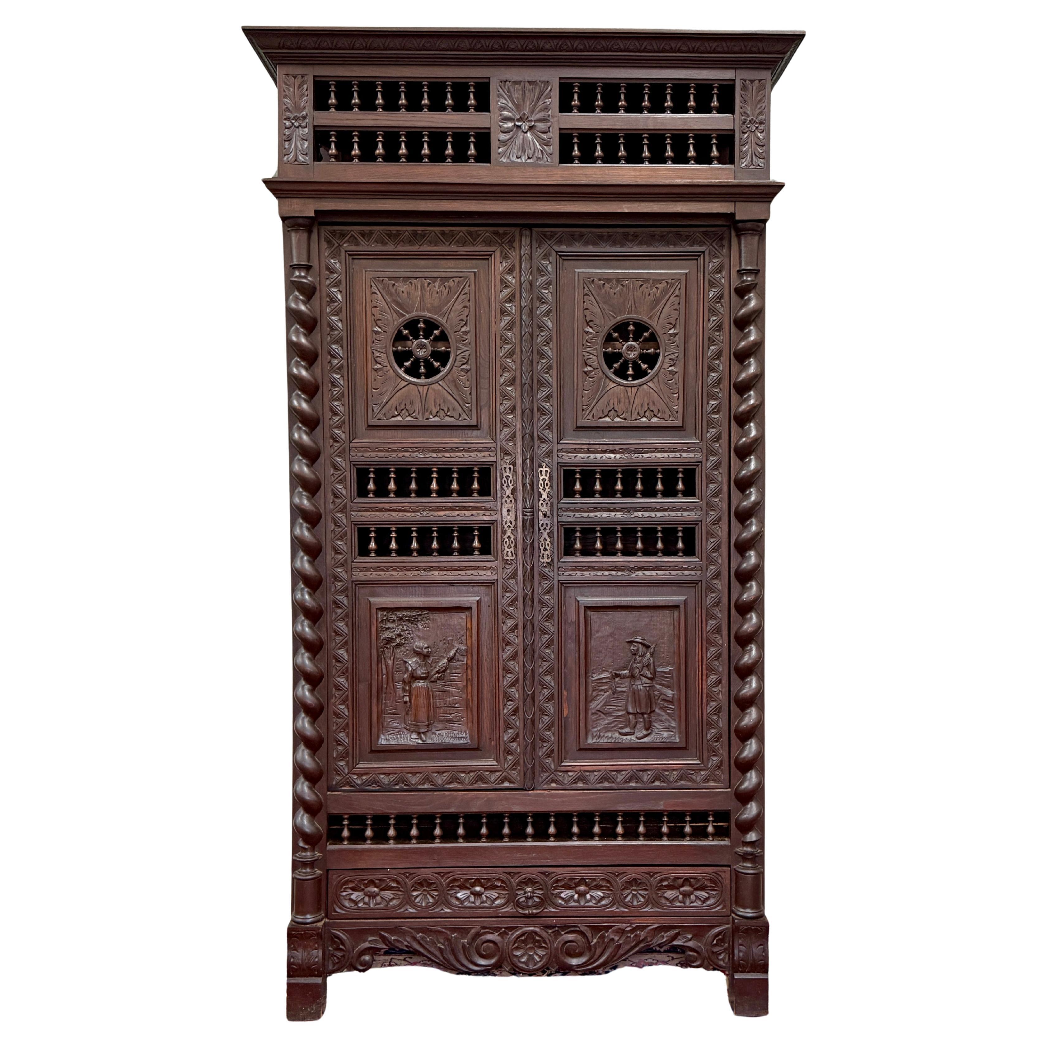 Antique French Breton Armoire Wardrobe Linen Cabinet Barley Twist Chestnut 19C For Sale