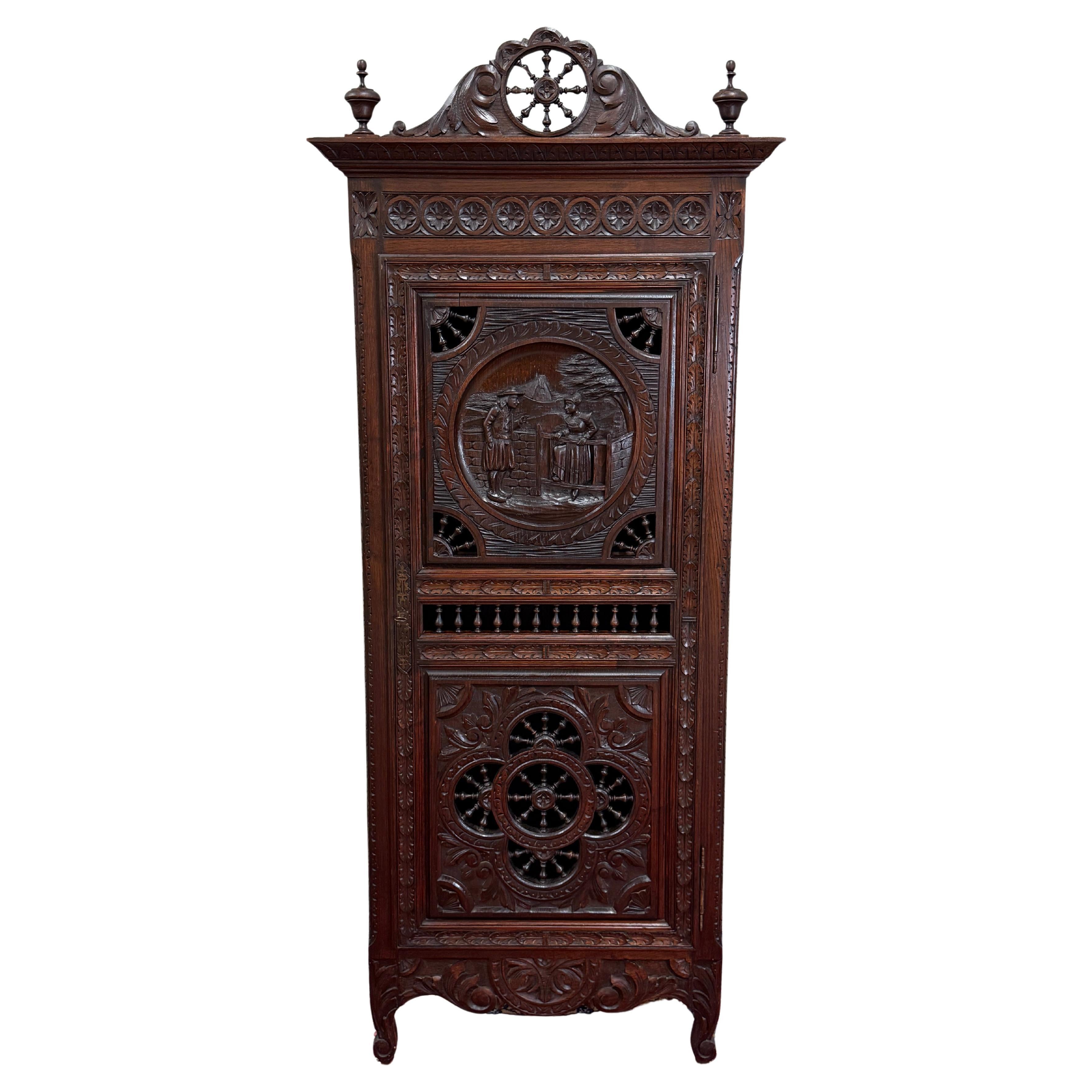 Antique French Breton Armoire Wardrobe Linen Cabinet Carved Chestnut 19th C