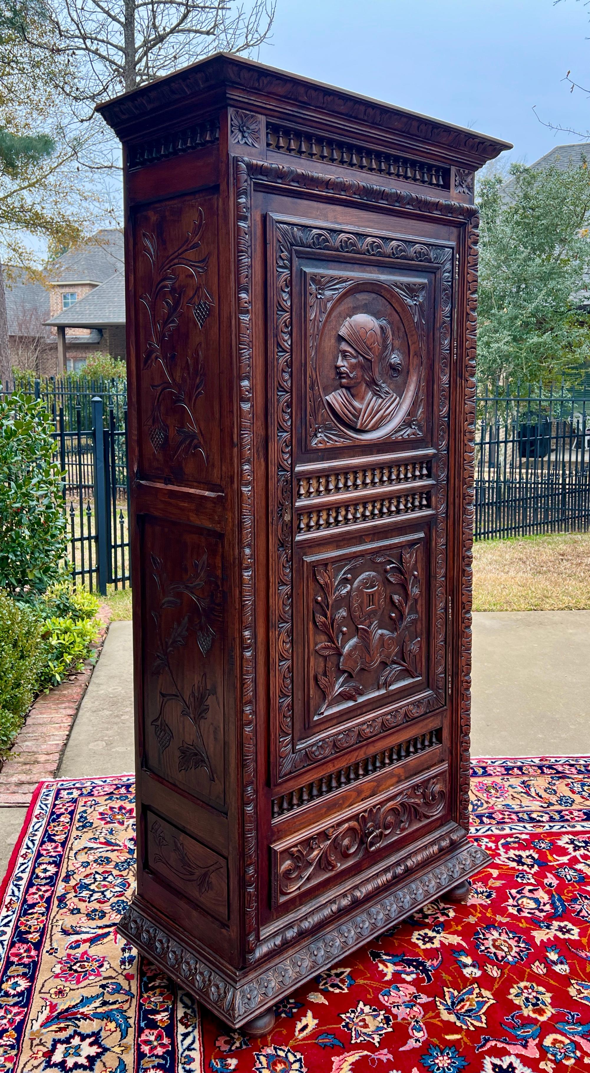 Antique French Breton Armoire Wardrobe Linen Cabinet Drawer Carved Chestnut 19th 9