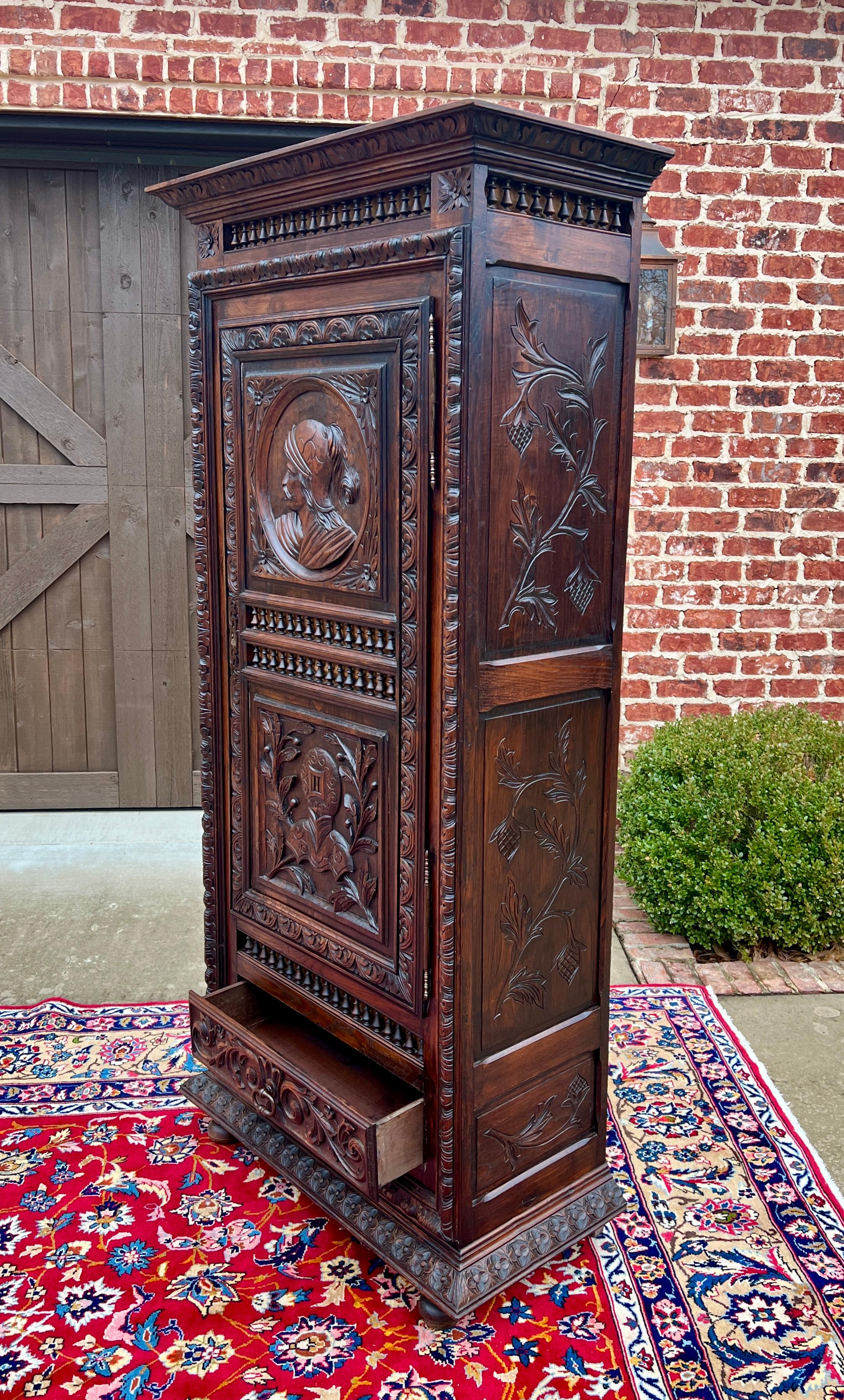Antique French Breton Armoire Wardrobe Linen Cabinet Drawer Carved Chestnut 19th 11