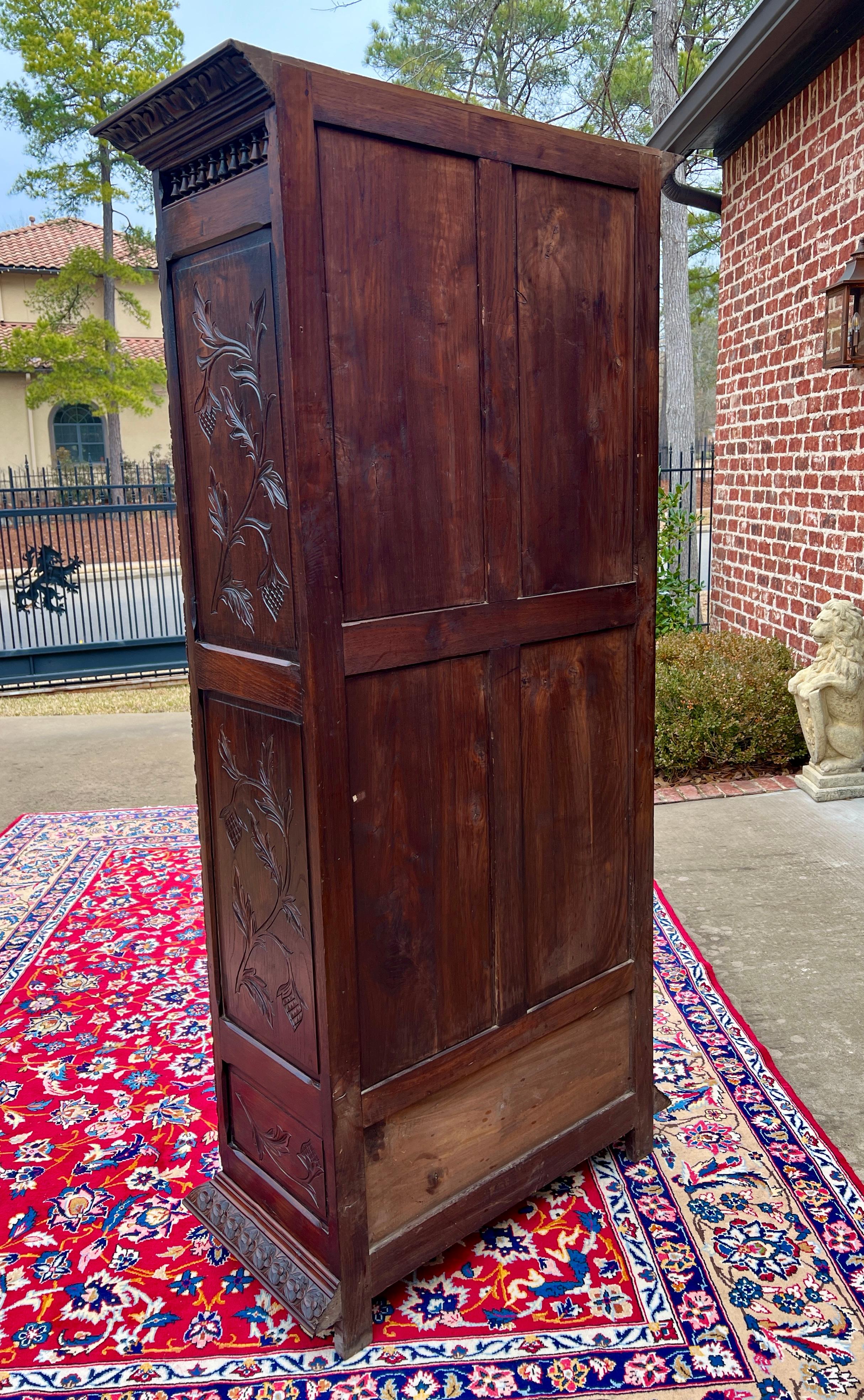 Antique French Breton Armoire Wardrobe Linen Cabinet Drawer Carved Chestnut 19th 15
