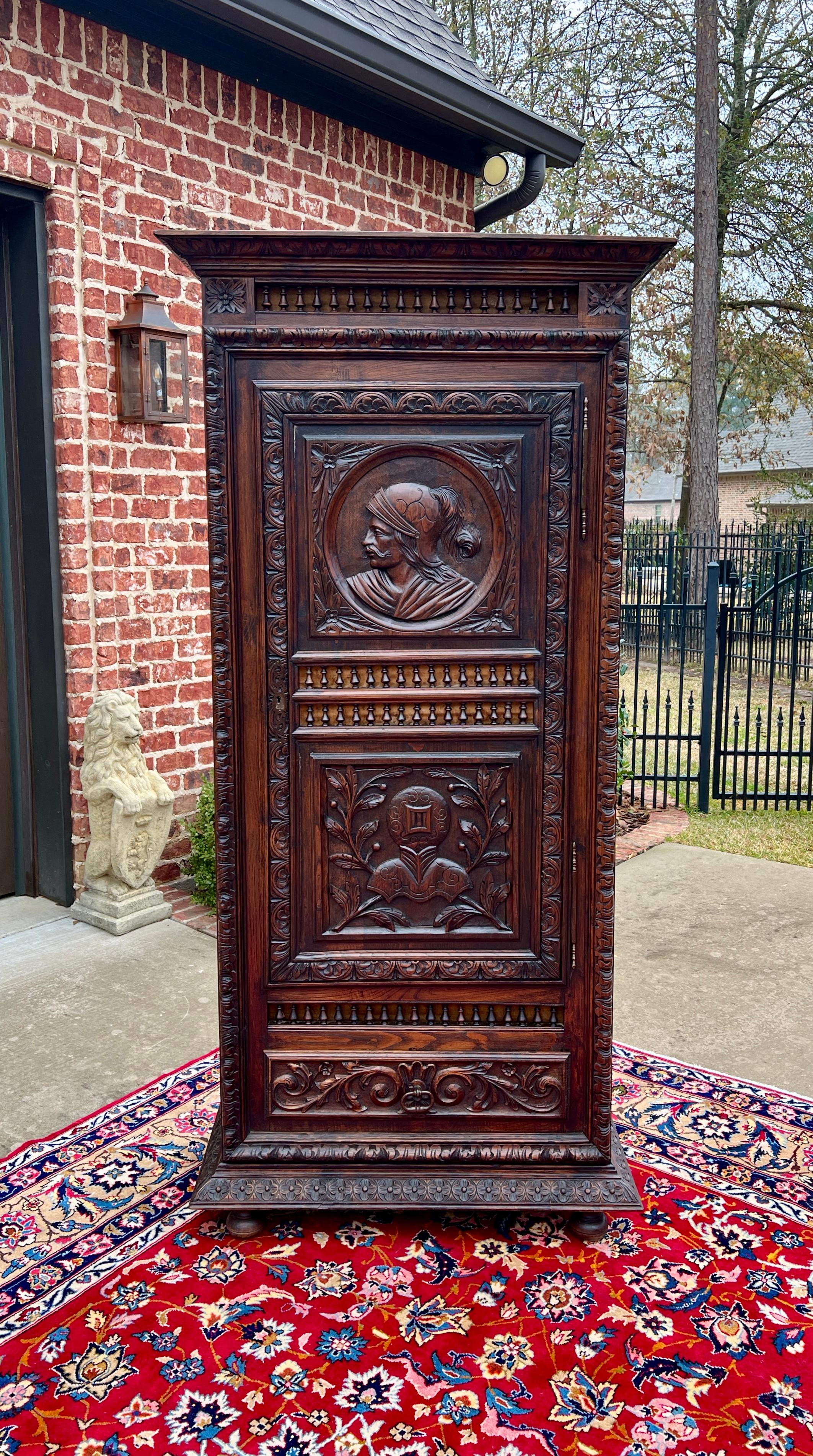 French Provincial Antique French Breton Armoire Wardrobe Linen Cabinet Drawer Carved Chestnut 19th