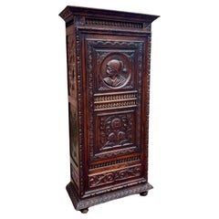 Antique French Breton Armoire Wardrobe Linen Cabinet Drawer Carved Chestnut 19th
