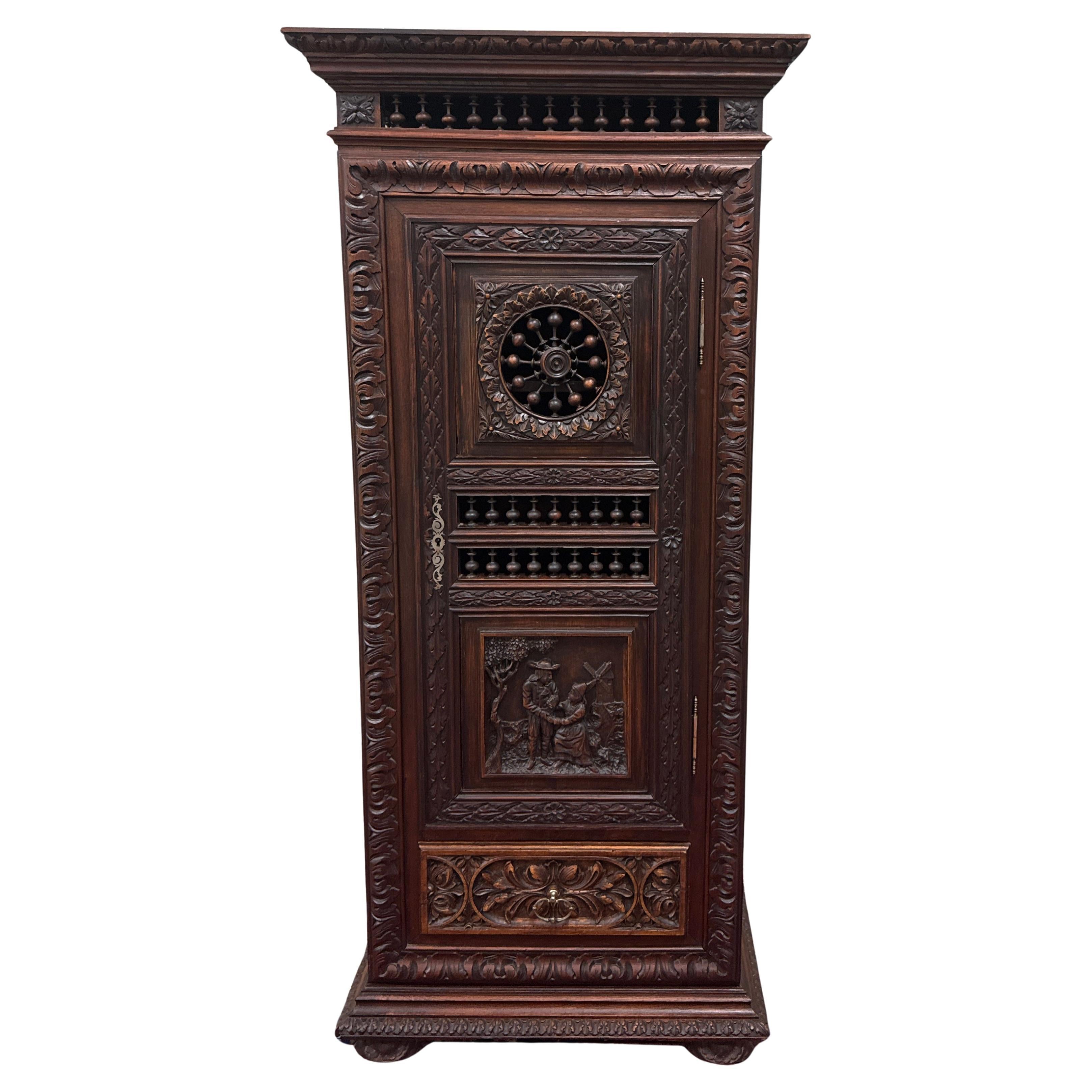 Antique French Breton Armoire Wardrobe Linen Cabinet Drawer Carved Chestnut 19th