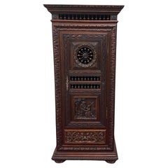 Antique French Breton Armoire Wardrobe Linen Cabinet Drawer Carved Chestnut 19th