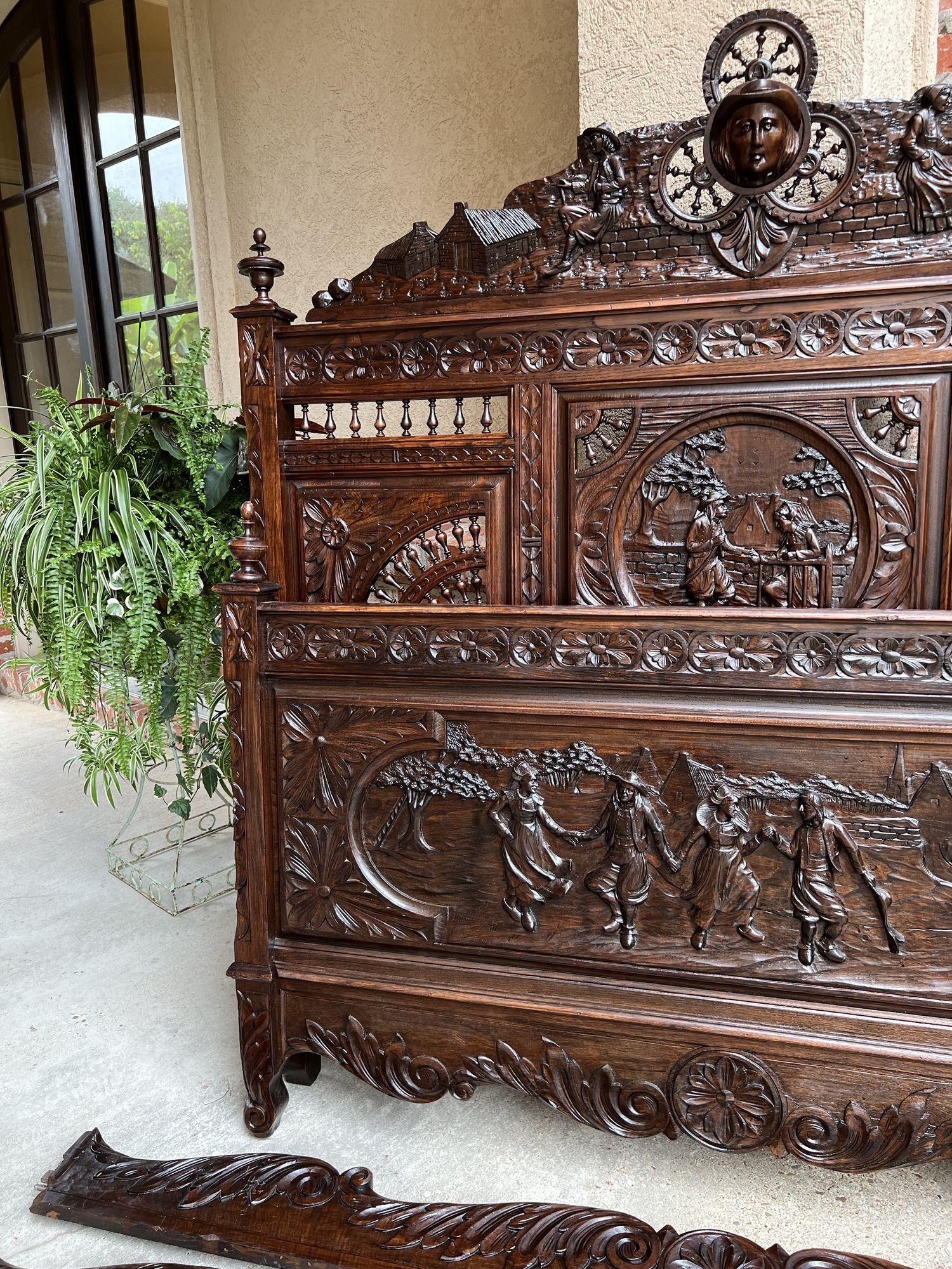 French Provincial Antique French Breton Bed Brittany Wedding French Country Carved Dark Oak c1890 For Sale