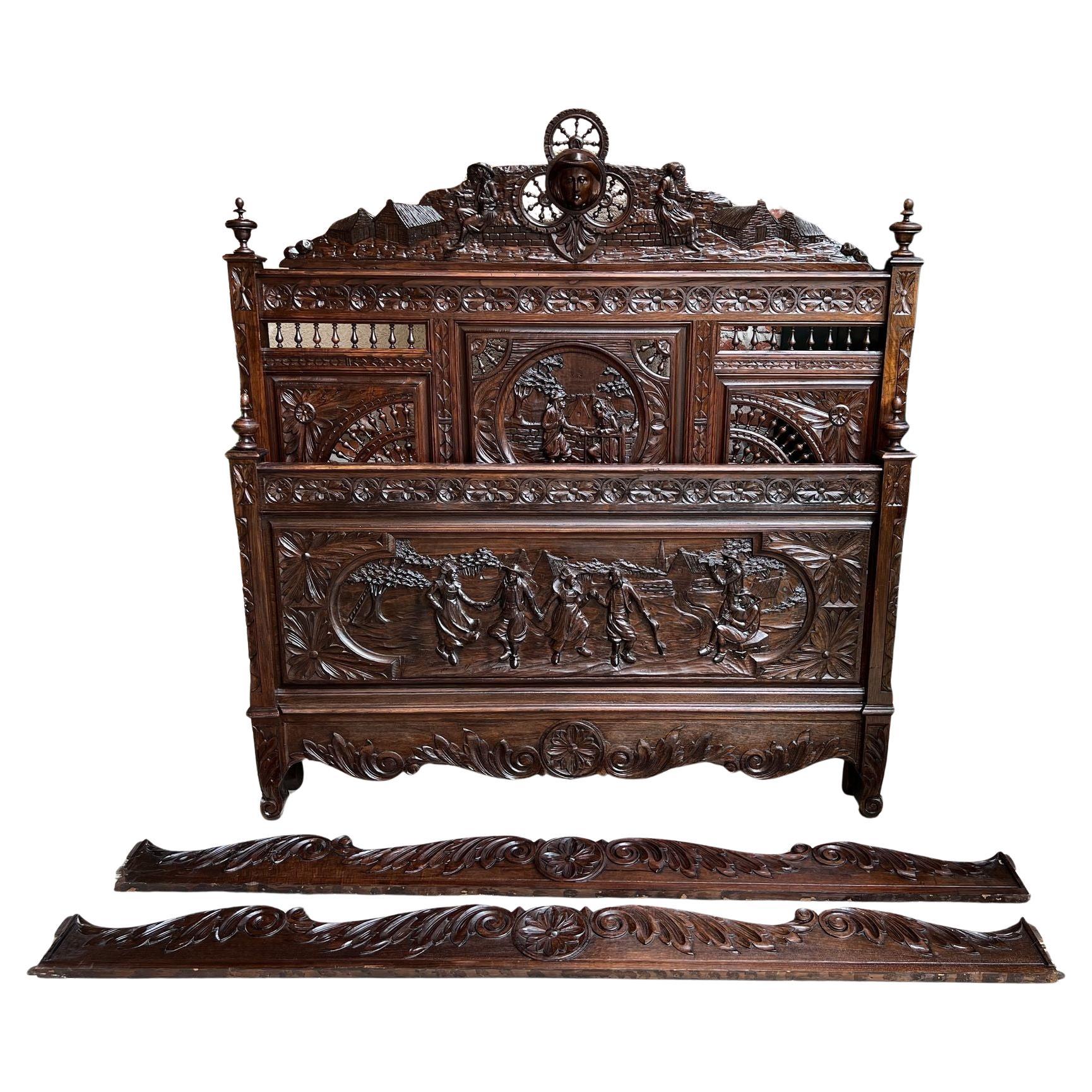 Antique French Breton Bed Brittany Wedding French Country Carved Dark Oak c1890