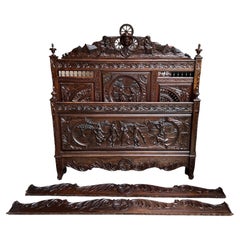 Antique French Breton Bed Brittany Wedding French Country Carved Dark Oak c1890