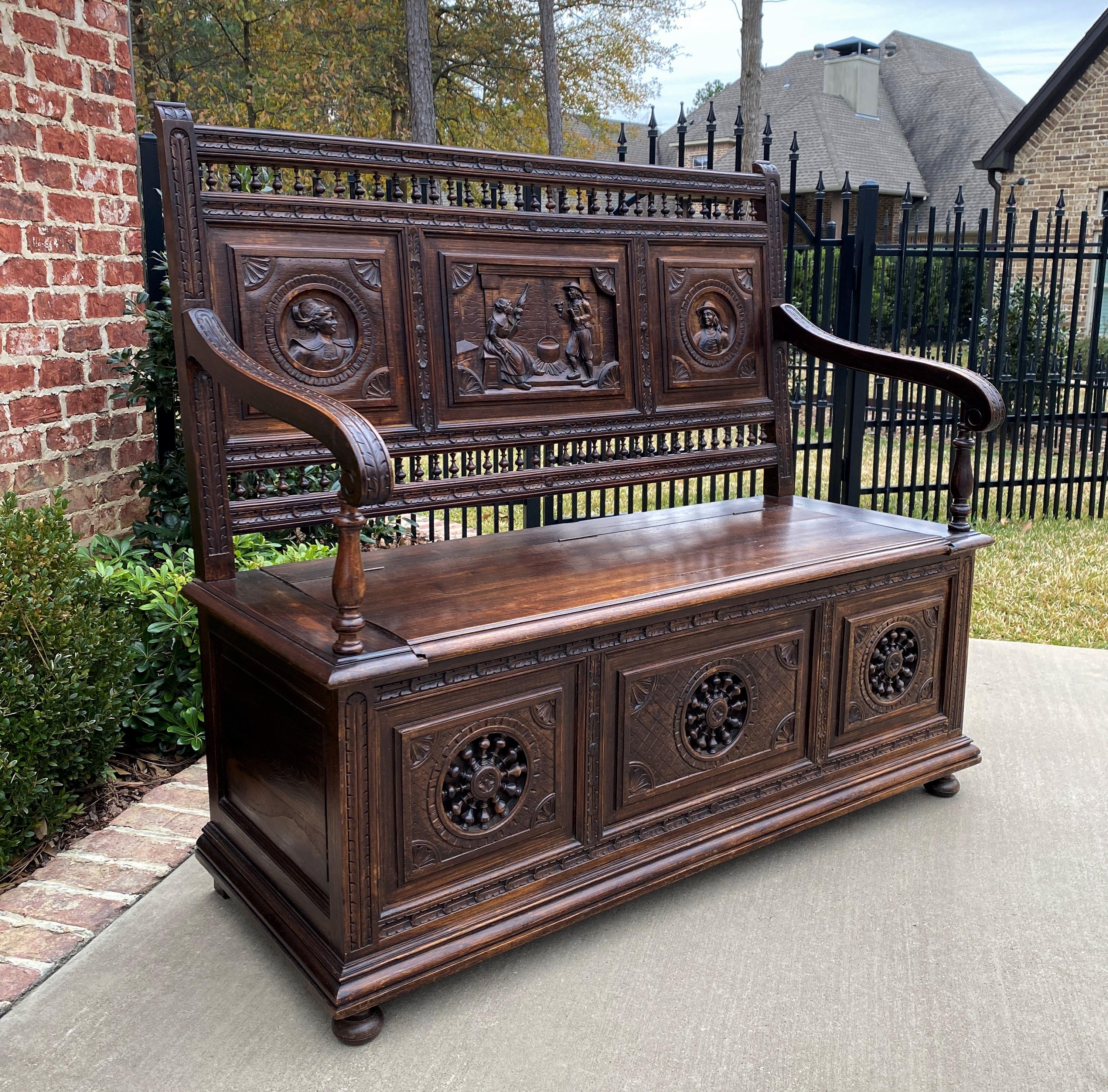 Antique French Breton Bench Settee Entry Hall Brittany Carved Oak Banquette 6