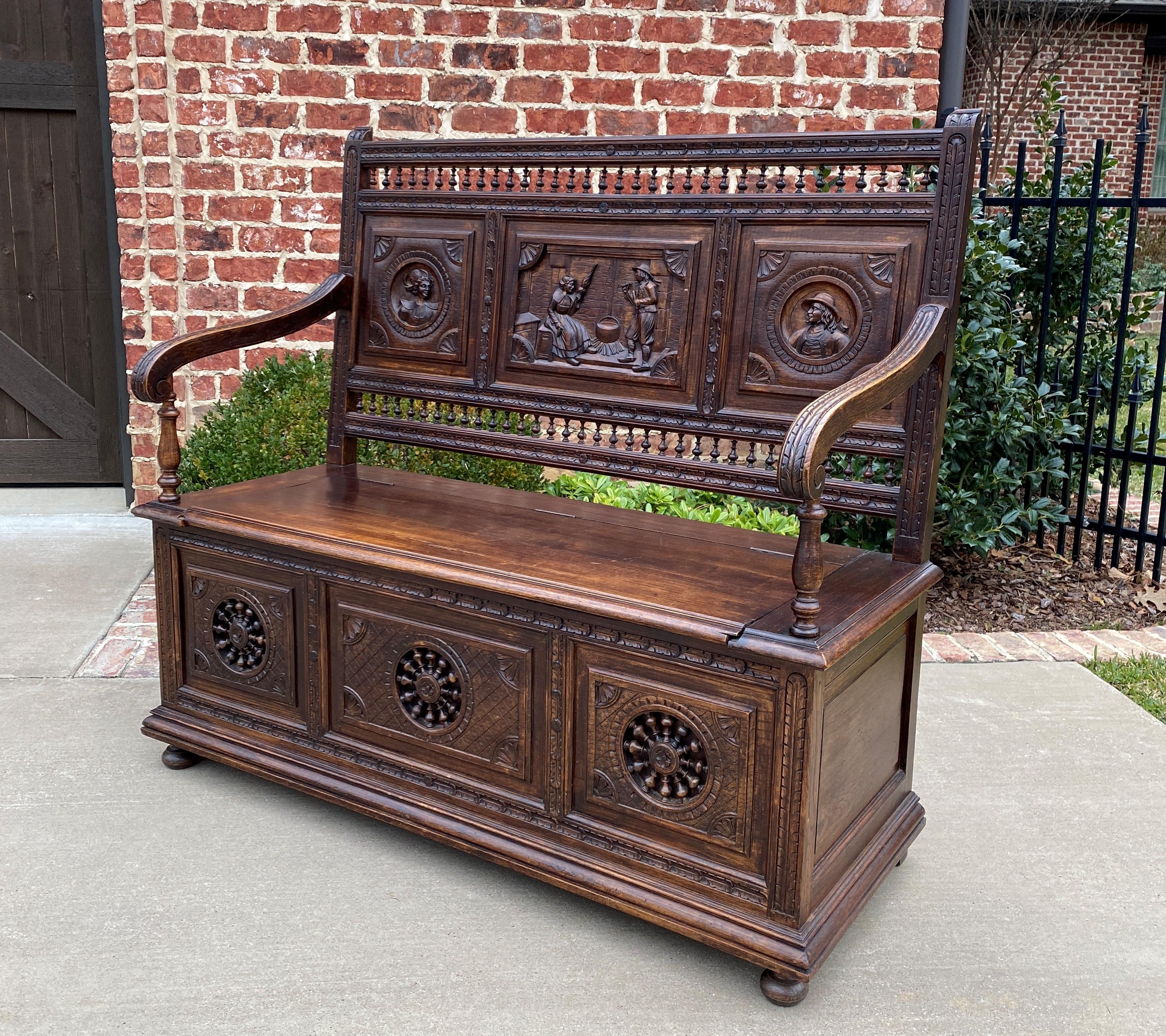 Antique French Breton Bench Settee Entry Hall Brittany Carved Oak Banquette For Sale 9