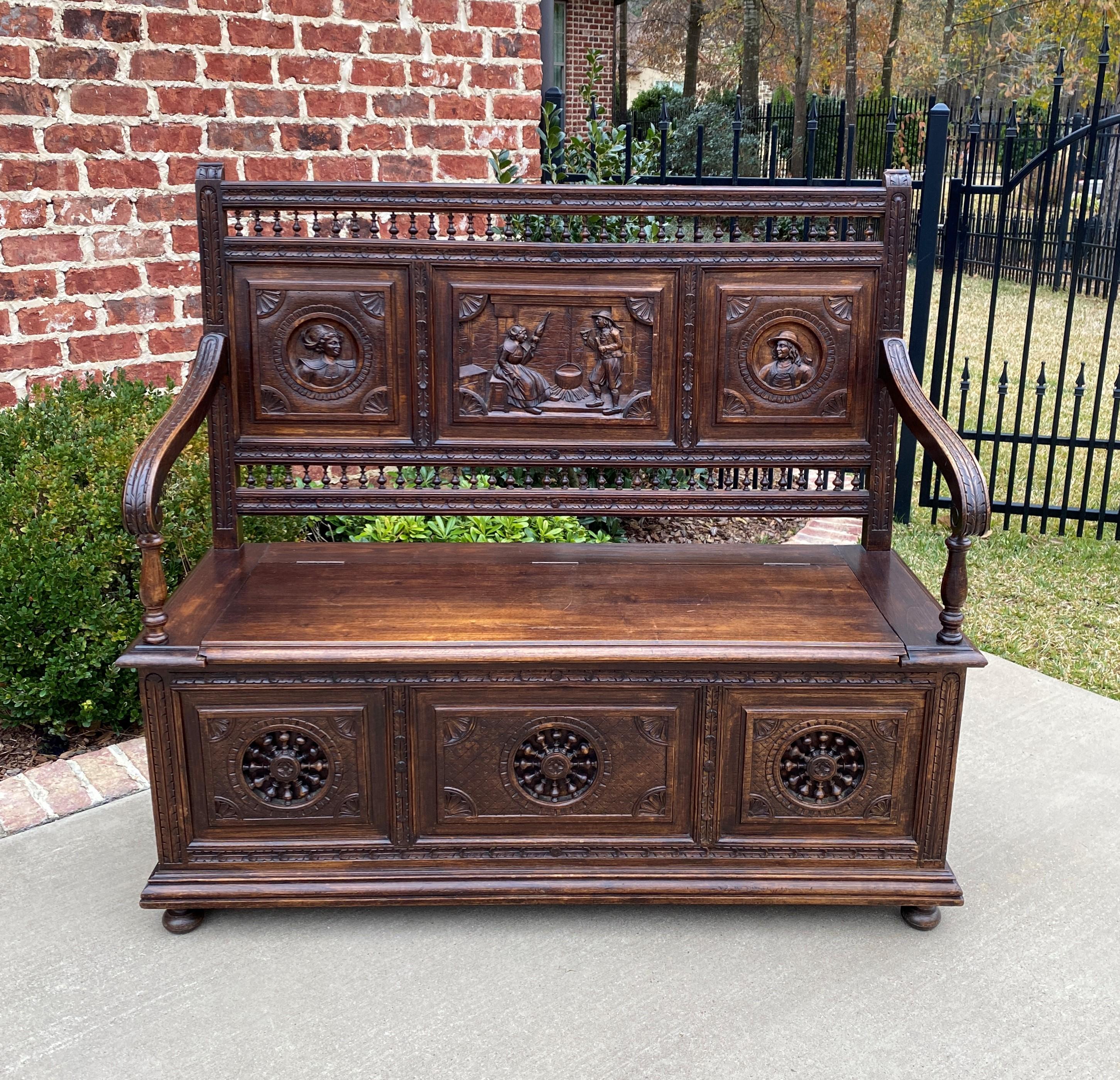French Provincial Antique French Breton Bench Settee Entry Hall Brittany Carved Oak Banquette For Sale