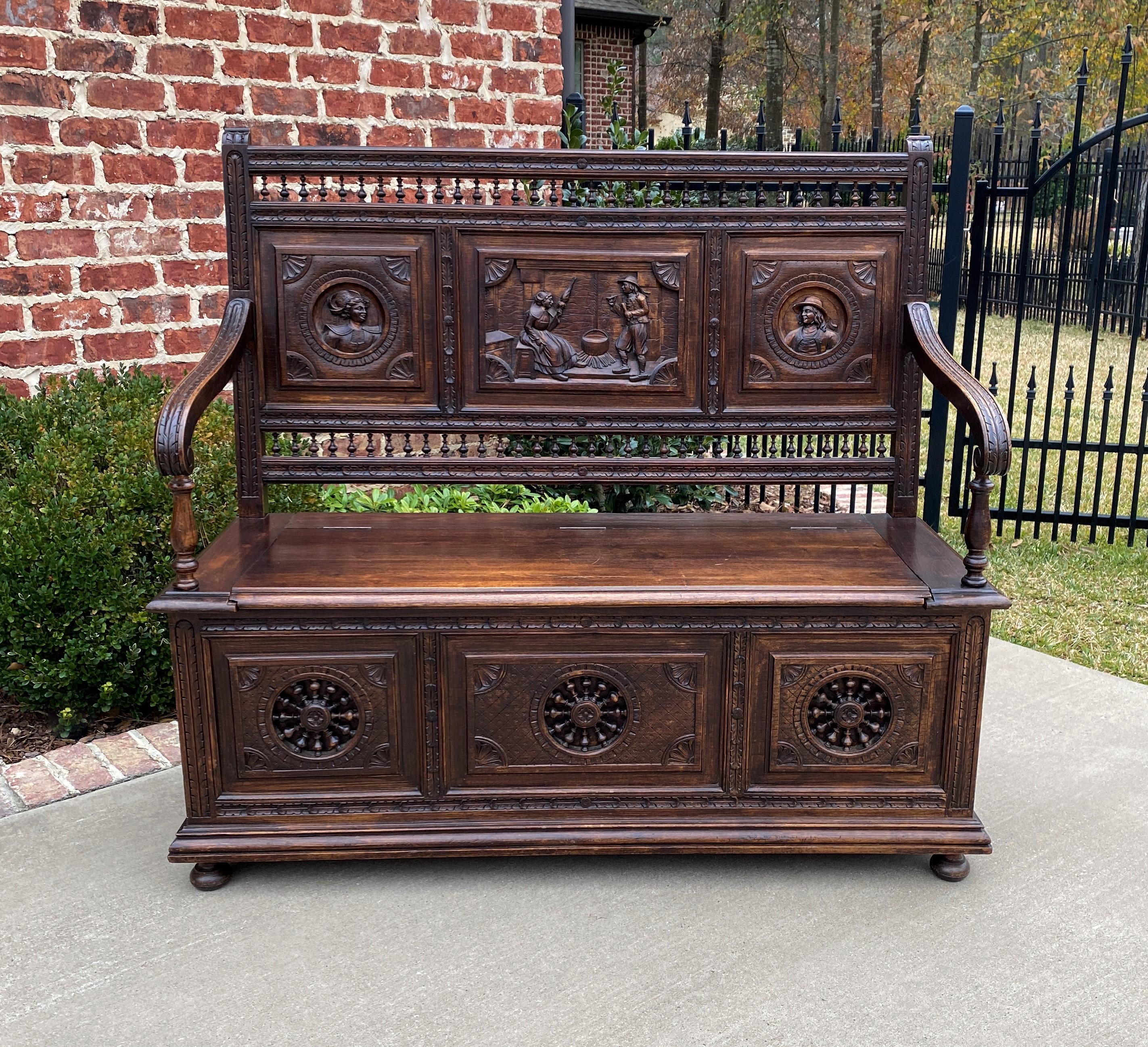 Antique French Breton Bench Settee Entry Hall Brittany Carved Oak Banquette For Sale 4