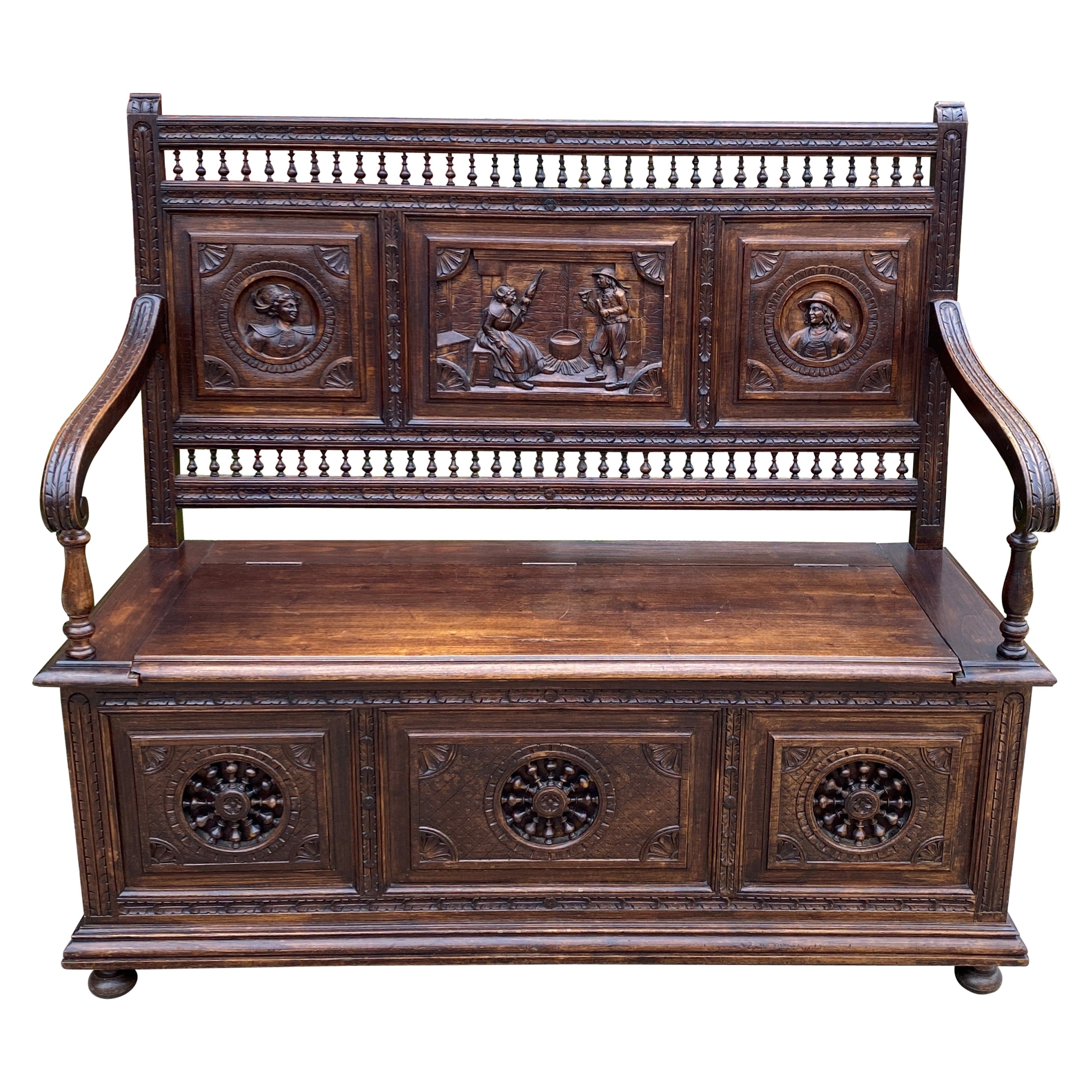 Antique French Breton Bench Settee Entry Hall Brittany Carved Oak Banquette