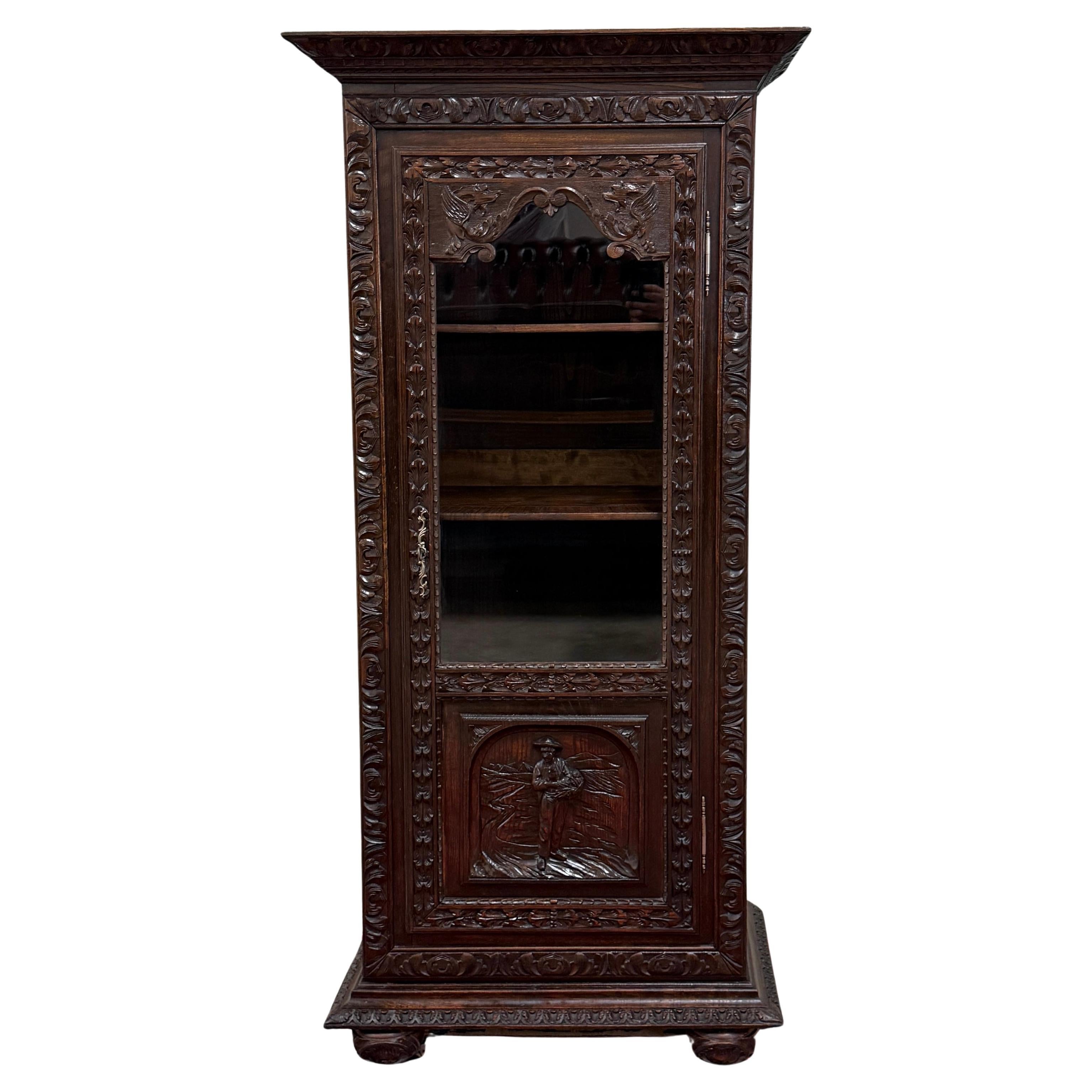 Antique French Breton Bookcase Armoire Linen Cab Wavy Glass Carved Chestnut 19th For Sale