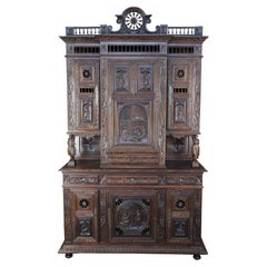 Antique French Breton Brittany Figural Carved Chestnut Buffet Sideboard Hutch