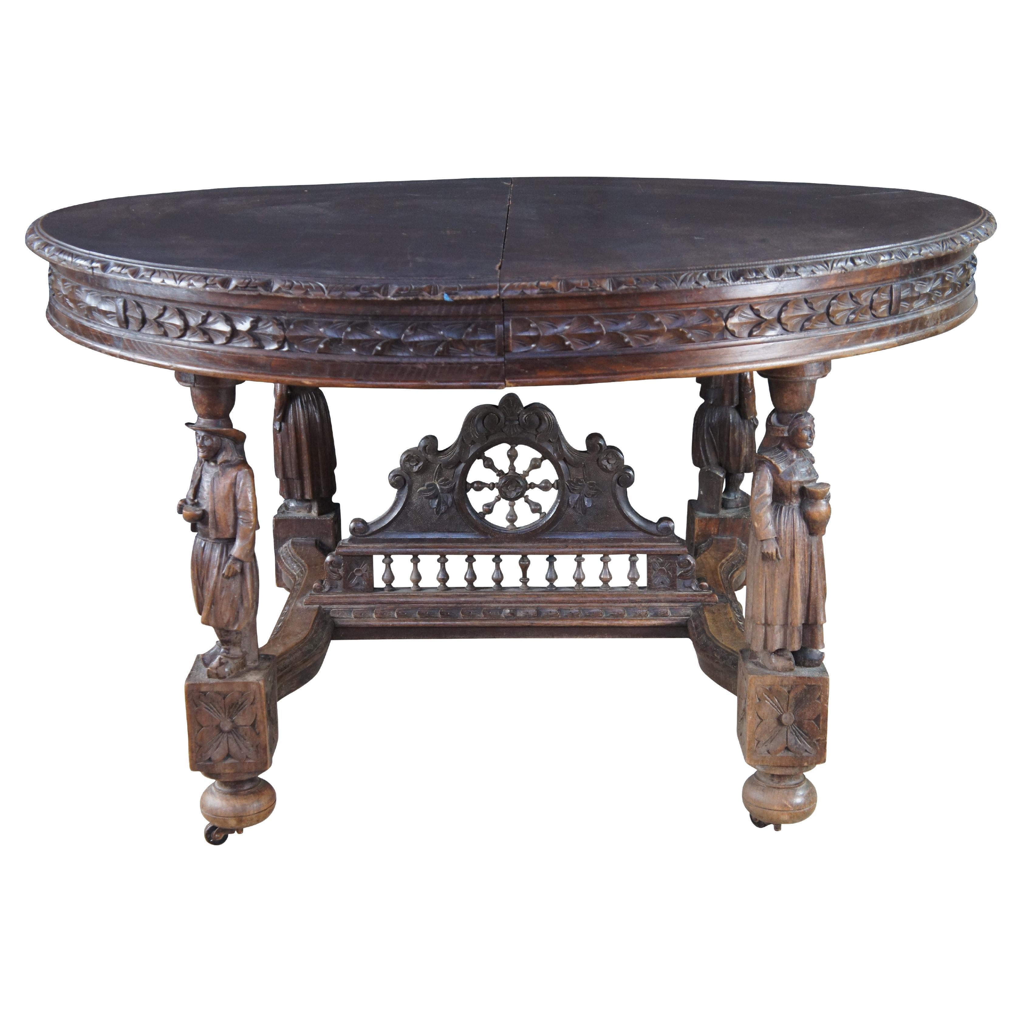 Antique French Breton Brittany Maritime Figural Carved Chestnut Dining Table For Sale