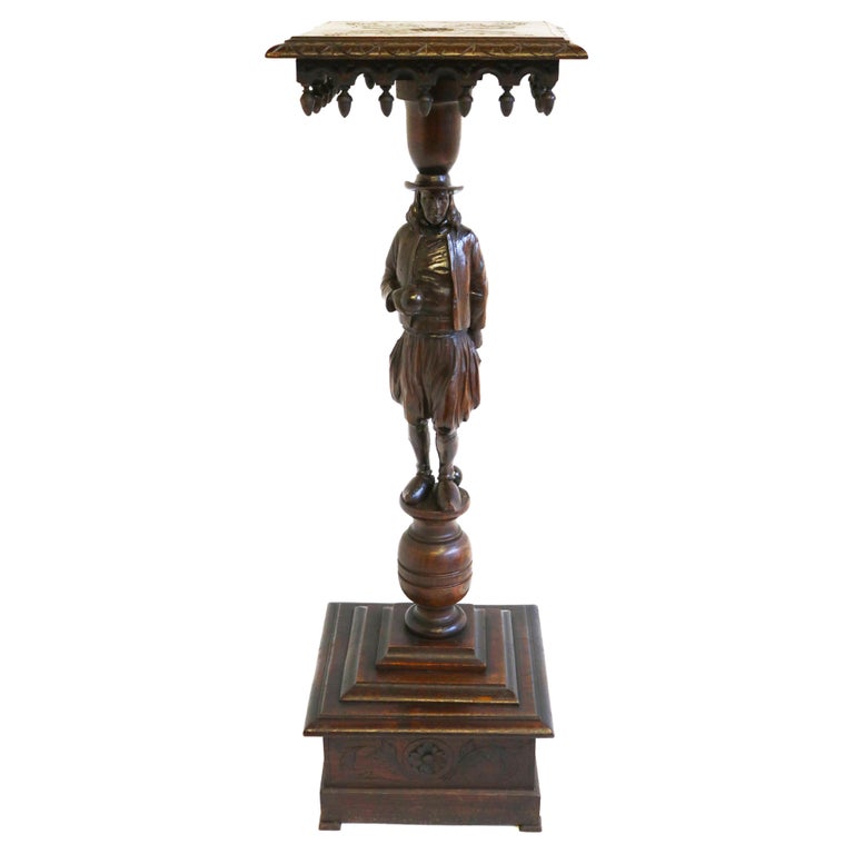 Antique French Breton Brittany Pedestal Table 19th Century Figural Carved Oak For Sale