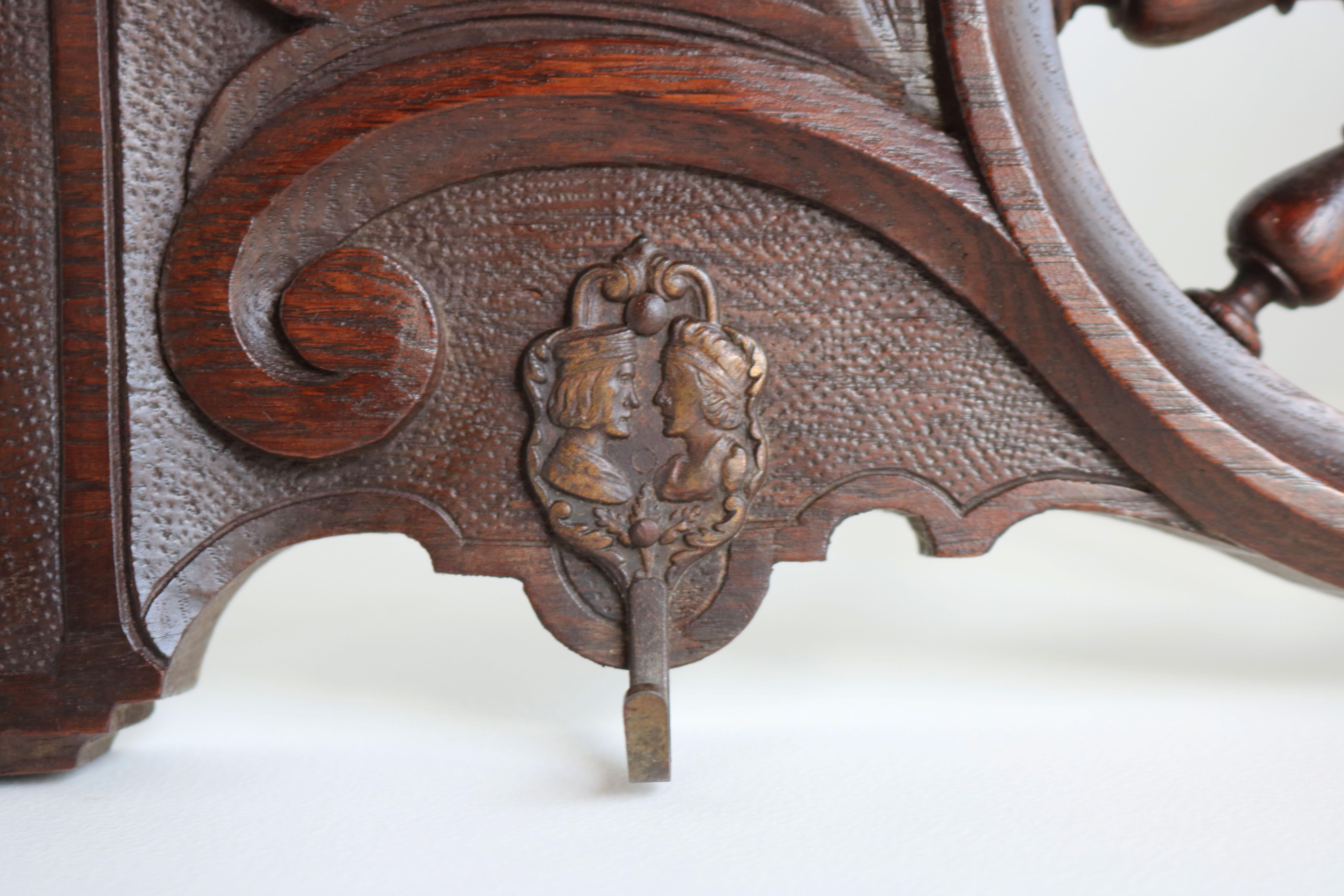 Antique French Breton Brittany Renaissance Coat Rack 19th Century Oak Carved In Good Condition For Sale In Ijzendijke, NL