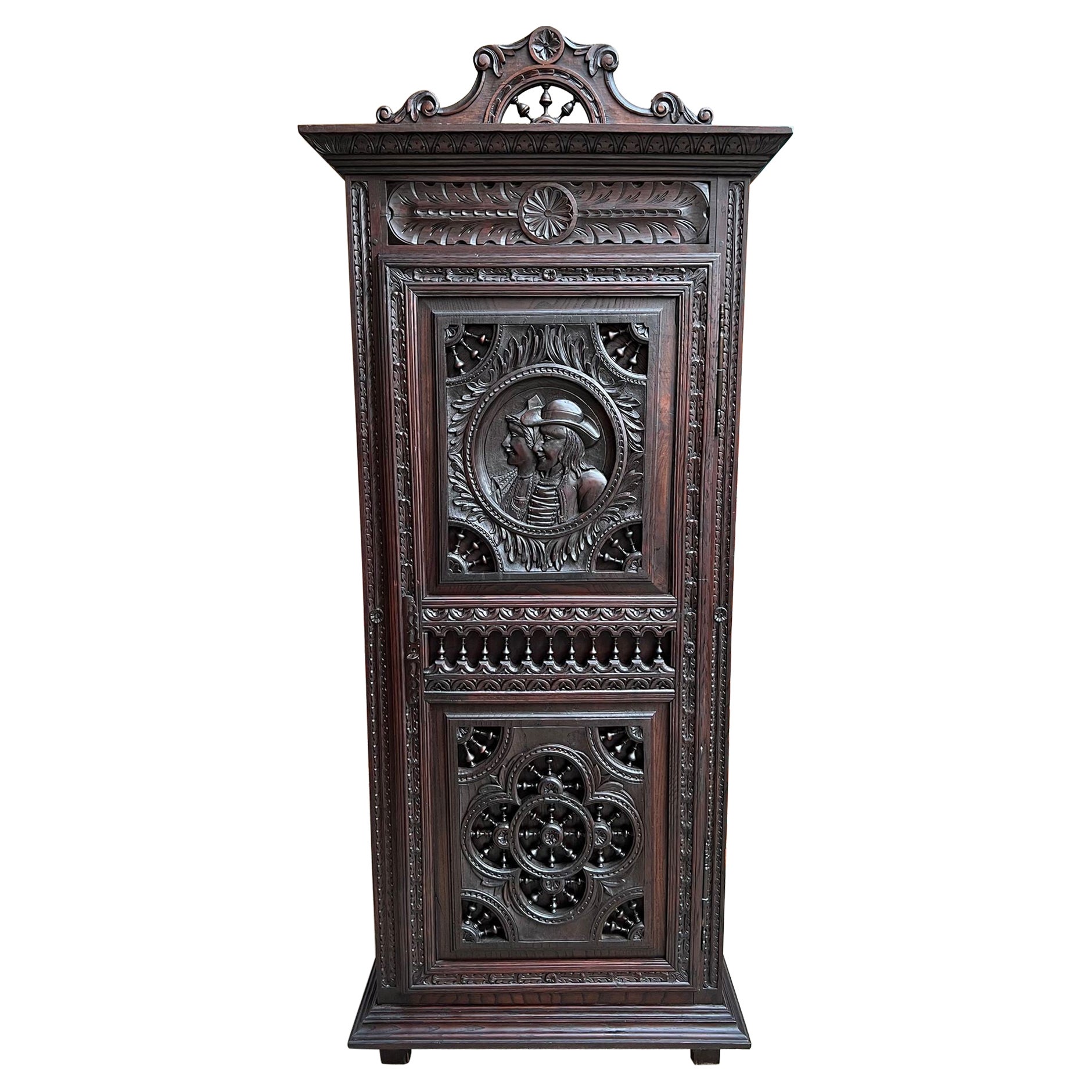 Antique French Breton Cabinet Armoire Carved Crown Brittany Wardrobe c1890 For Sale