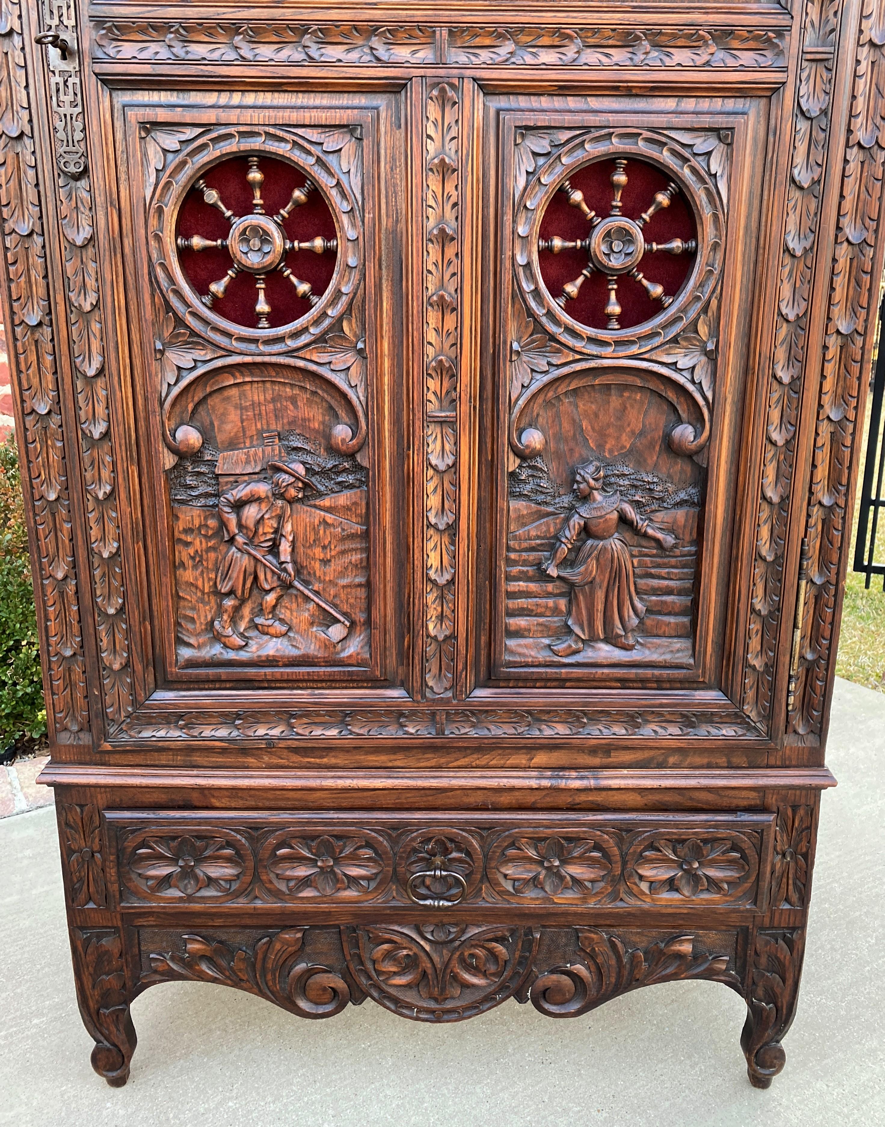 Antique French Breton Cabinet Bonnetiere Armoire Carved Dark Oak Linen Closet  In Good Condition In Tyler, TX