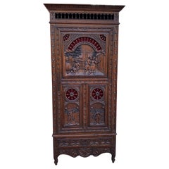 Antique French Breton Cabinet Bonnetiere Armoire Carved Dark Oak Linen Closet