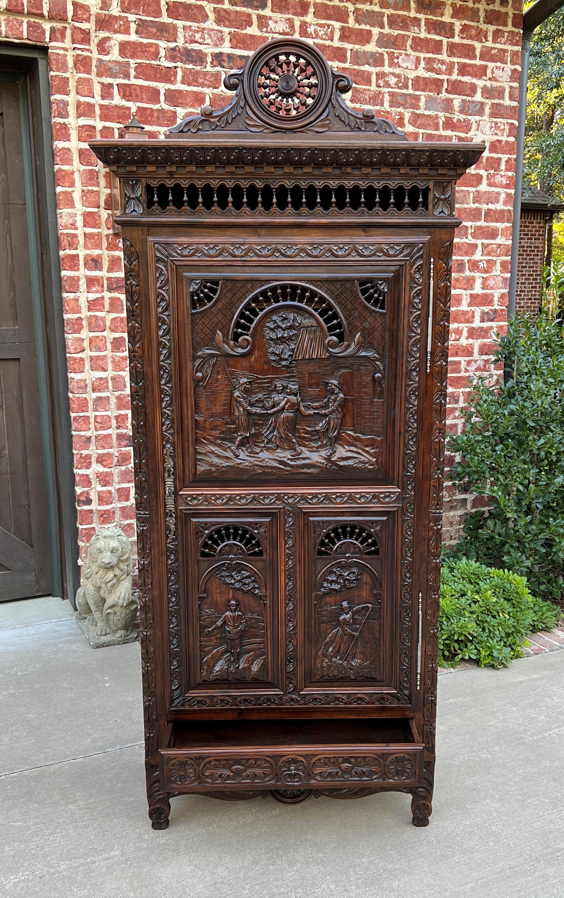 Antique French Breton Cabinet Bonnetiere Armoire Carved Wardrobe Oak Closet 19c 6