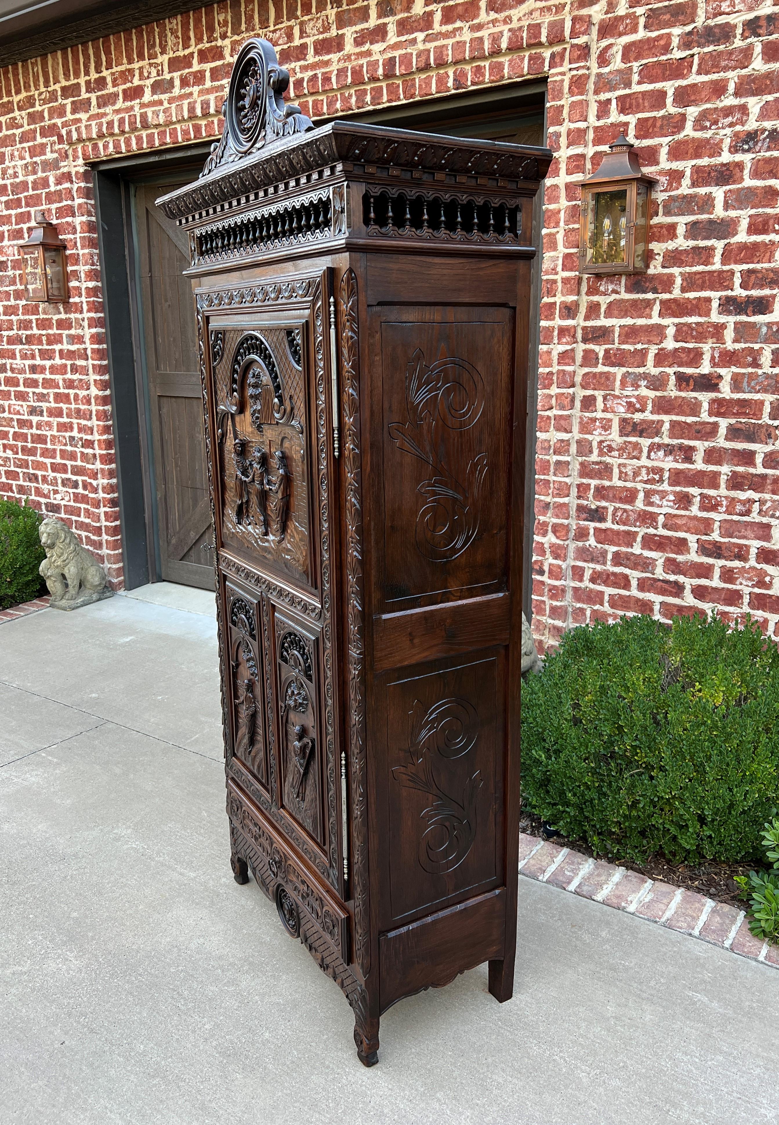 Antique French Breton Cabinet Bonnetiere Armoire Carved Wardrobe Oak Closet 19c 9