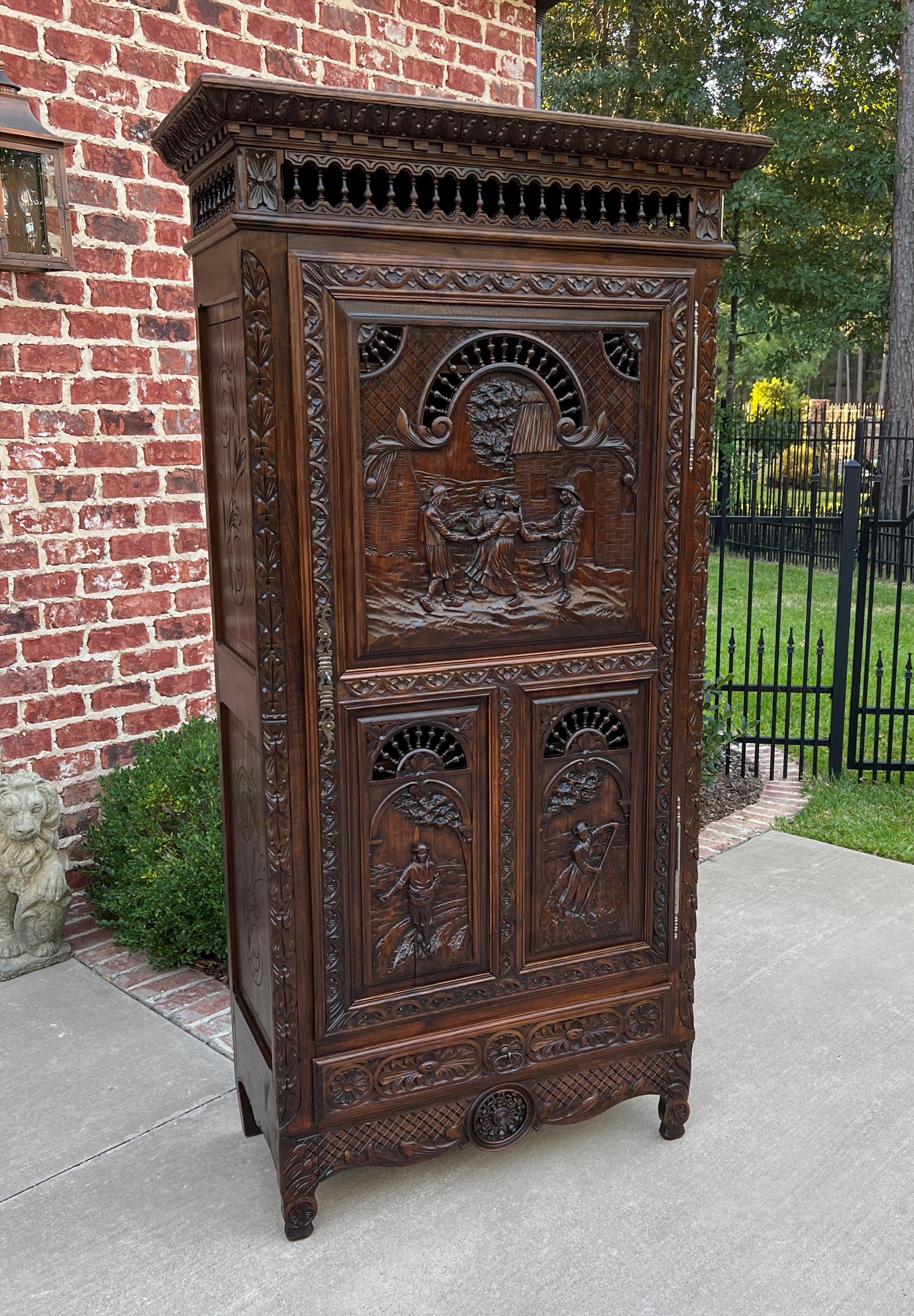 French Provincial Antique French Breton Cabinet Bonnetiere Armoire Carved Wardrobe Oak Closet 19c