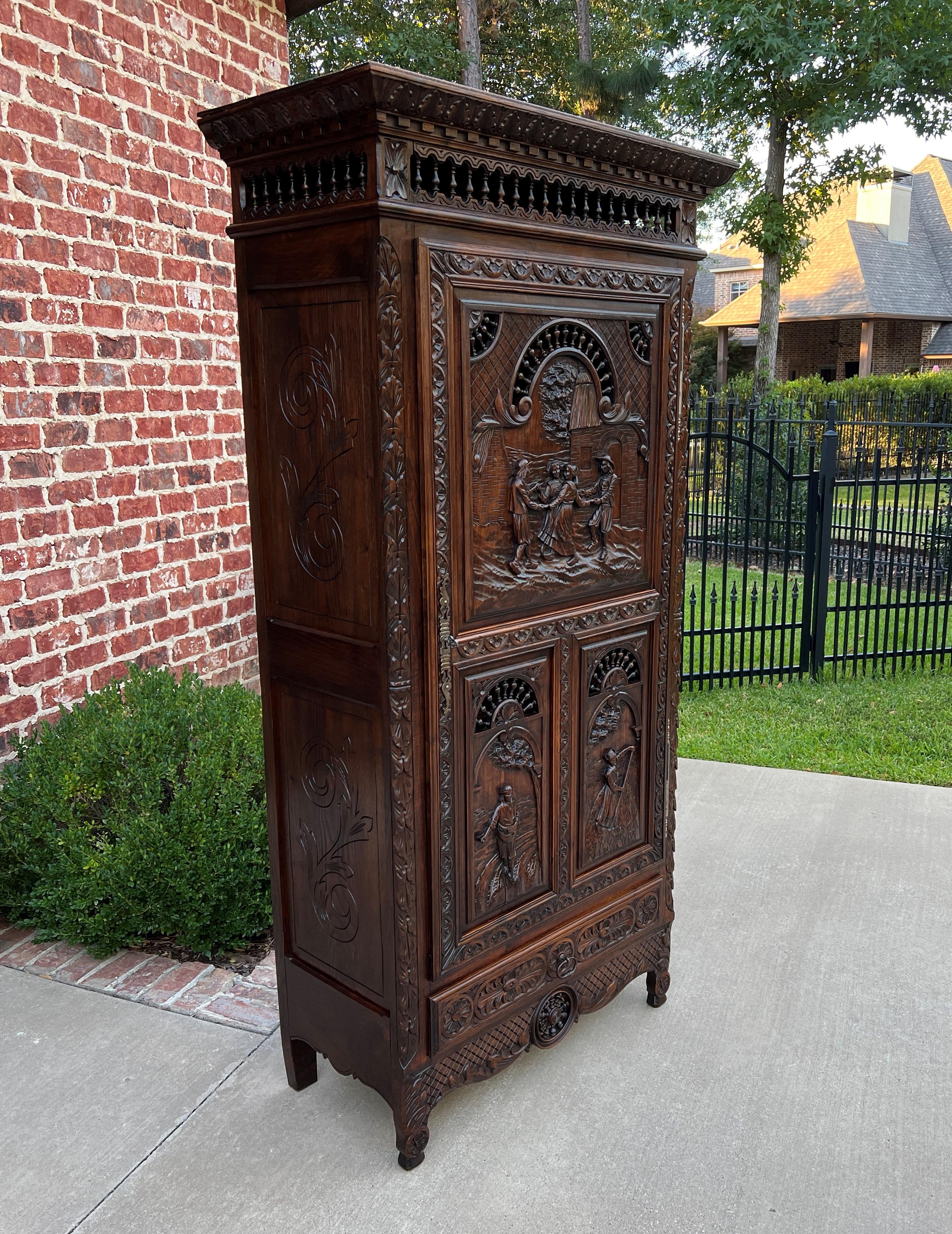 Antique French Breton Cabinet Bonnetiere Armoire Carved Wardrobe Oak Closet 19c In Good Condition In Tyler, TX