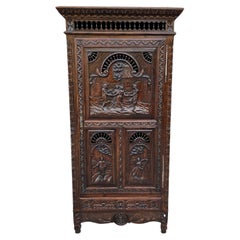 Antique French Breton Cabinet Bonnetiere Armoire Carved Wardrobe Oak Closet 19c