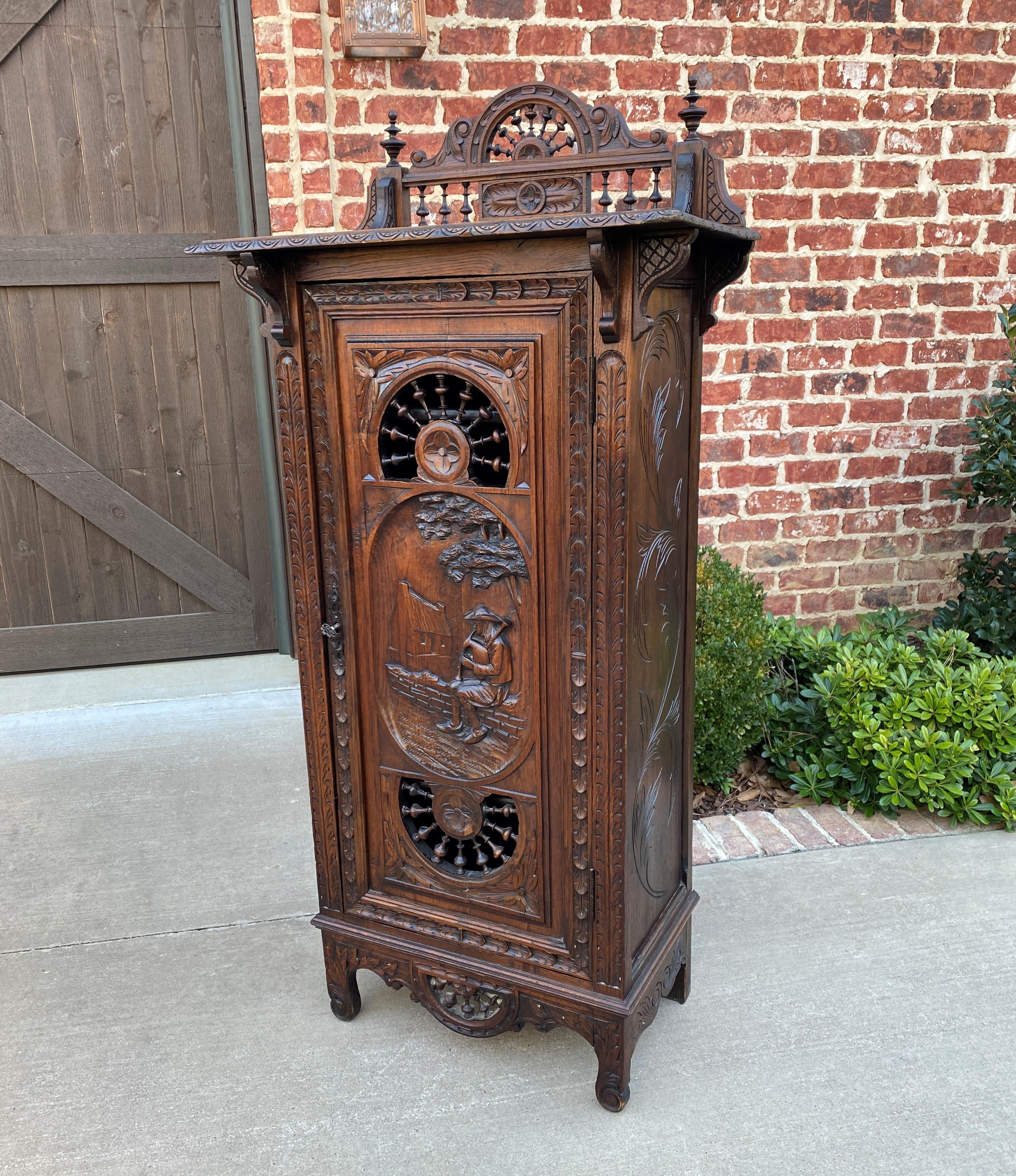 French Provincial Antique French Breton Cabinet Bonnetiere Wardrobe Cupboard Carved Oak 19th C