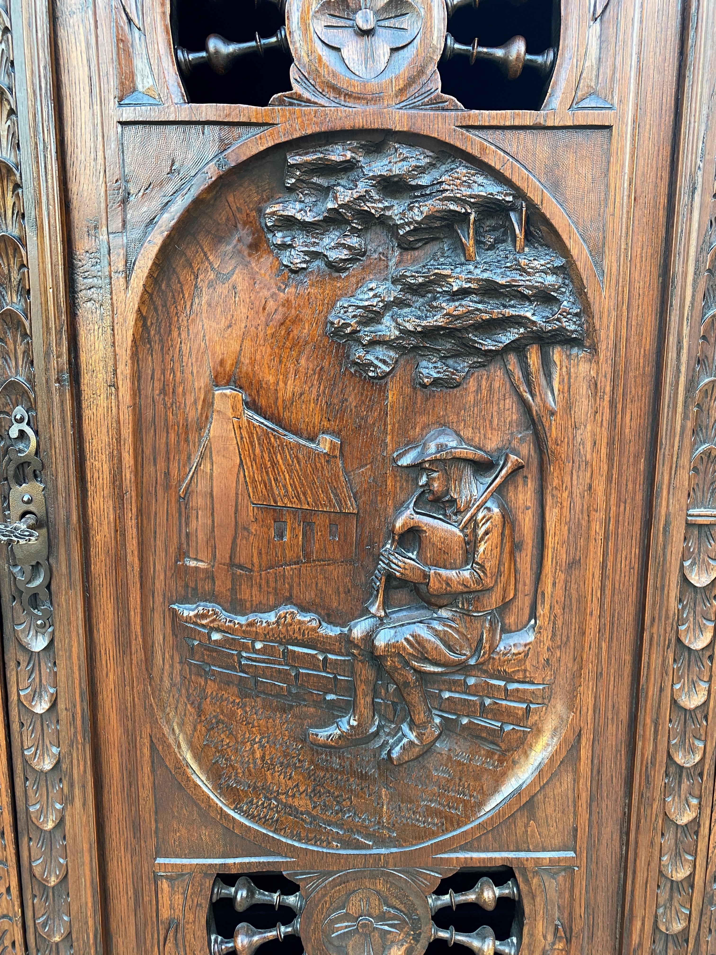 Antique French Breton Cabinet Bonnetiere Wardrobe Cupboard Carved Oak 19th C 4