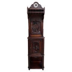 Antique French Breton Hall Cabinet Tall Narrow Carved Crown Bookcase c1880