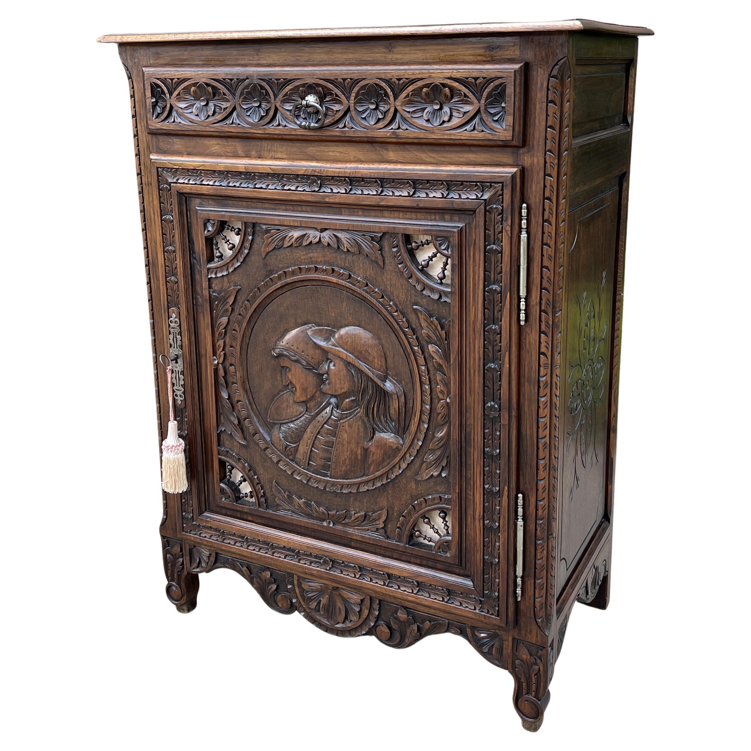Antique French Breton Jam Cabinet Cupboard Storage Drawer Carved Oak 19th C For Sale