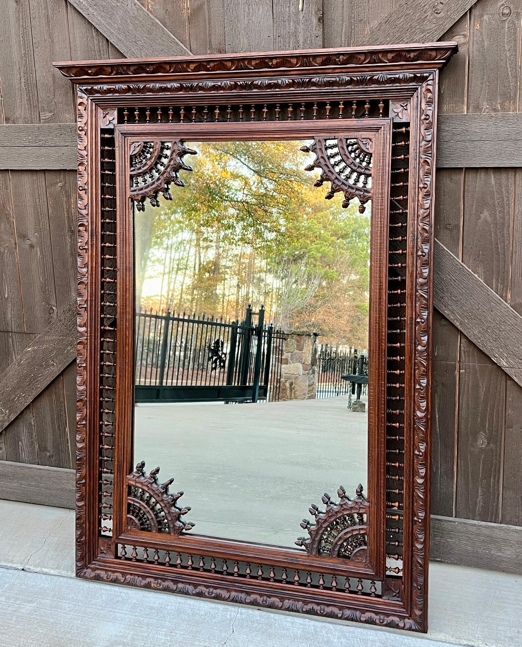 GORGEOUS Antique French Breton Rectangular Framed Oak Over Mantel Mirror ~~c. 1880s
 
Popular classic French hanging wall mirror~~beautifully carved with wood back~~perfect for a fireplace mantel, entry hall, living area, study, office, library,