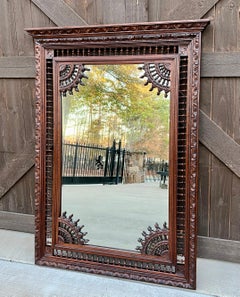 Antique French Breton Mirror Over Mantel Mirror Rectangular Oak Large 19th C