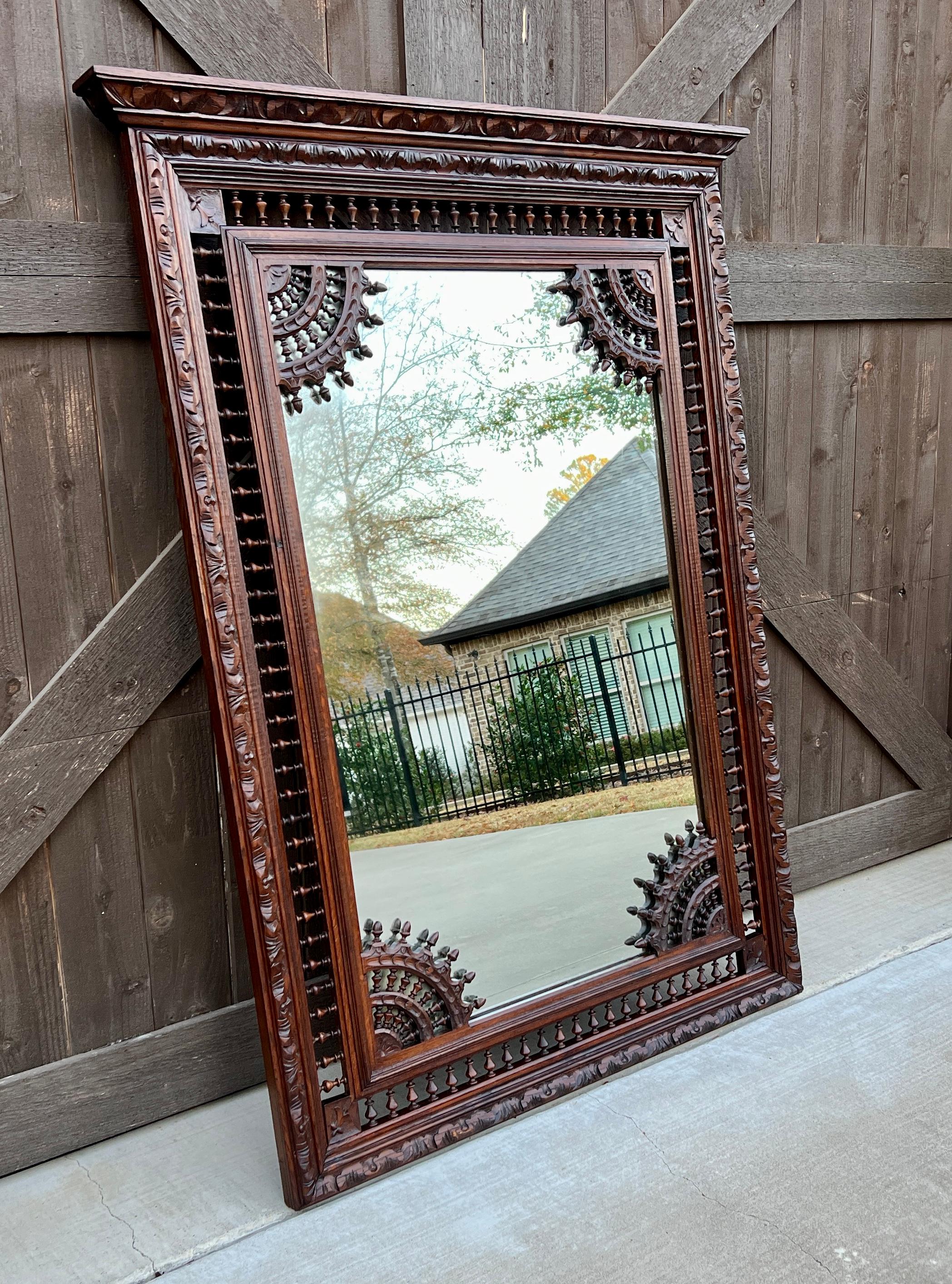 Carved Antique French Breton Mirror Over Mantel Mirror Rectangular Oak Large 19th C For Sale