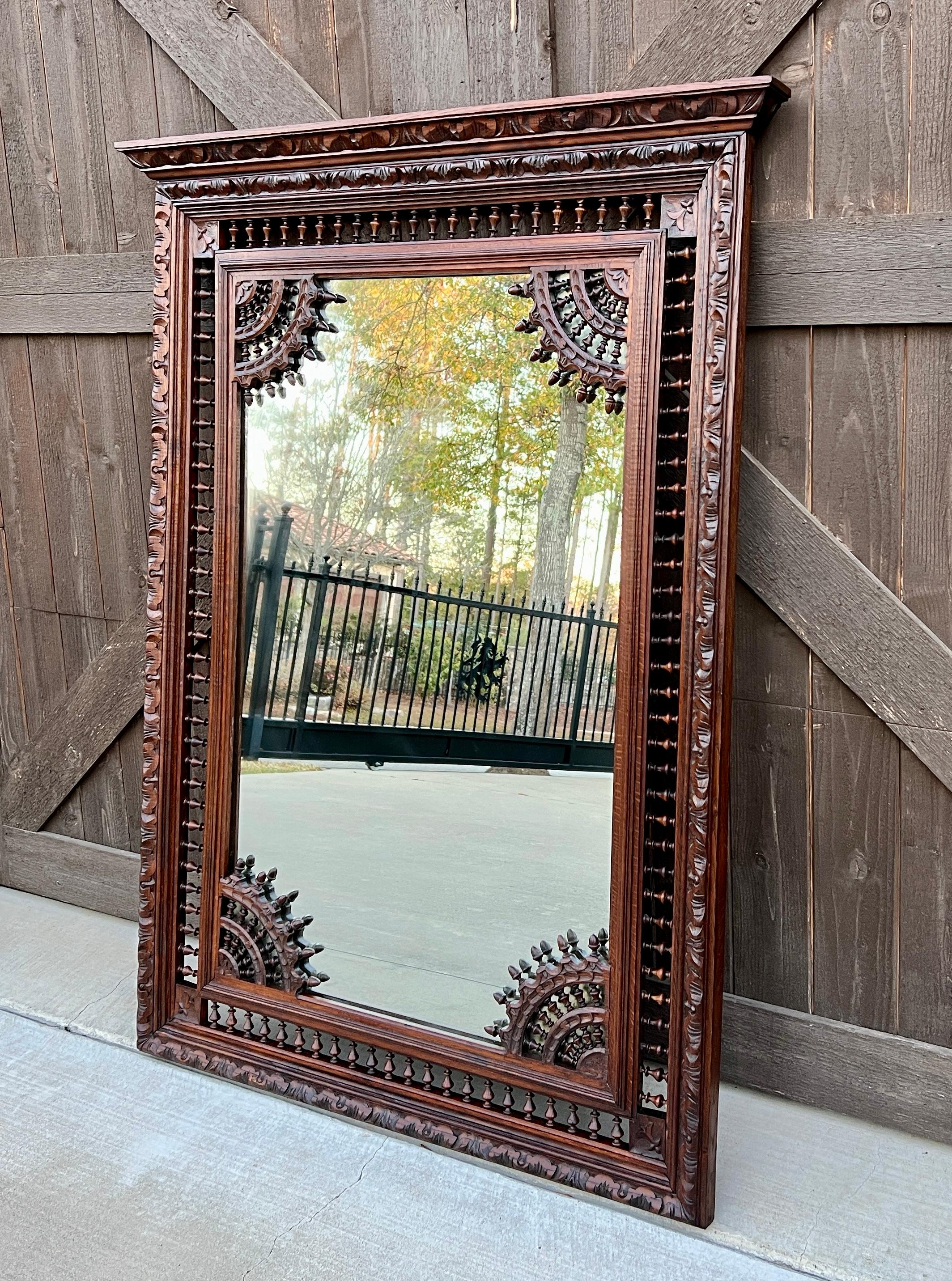 Antique French Breton Mirror Over Mantel Mirror Rectangular Oak Large 19th C In Good Condition For Sale In Tyler, TX