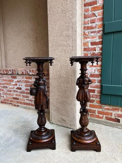 Antique French Breton Pedestal Stands PAIR Carved Figural Display Brittany c1900