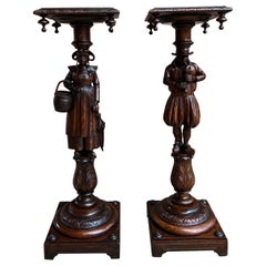 Antique French Breton Pedestal Stands PAIR Carved Figural Display Brittany c1900
