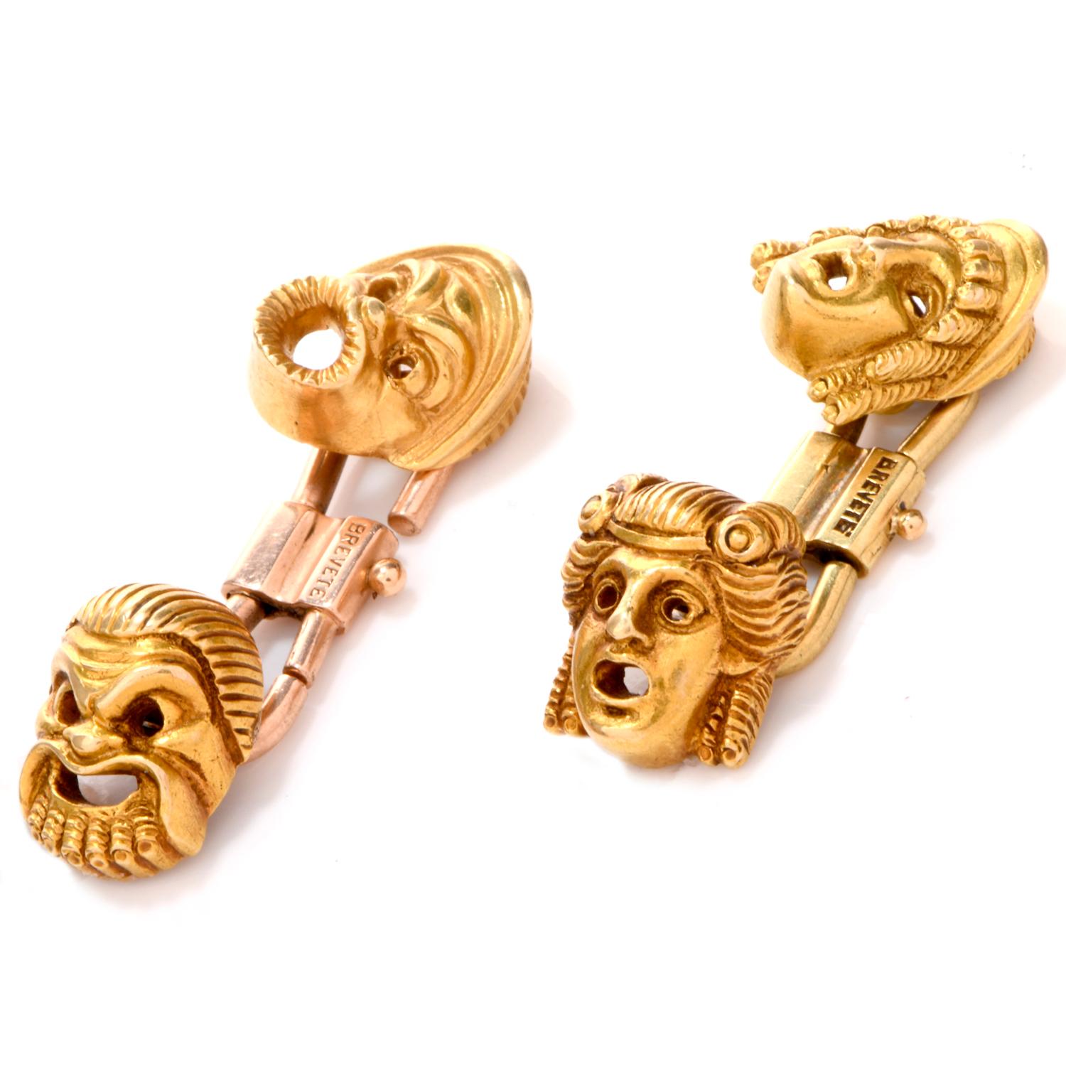 These antique French Art Deco cufflinks were inspired by masks and crafted

in 18K gold.  Featuring 4 different masks, these cufflinks

can be worn different ways each time.

Each of the masks measure on average 10.2 x 11.5mm.

Weighing appx. 13.8