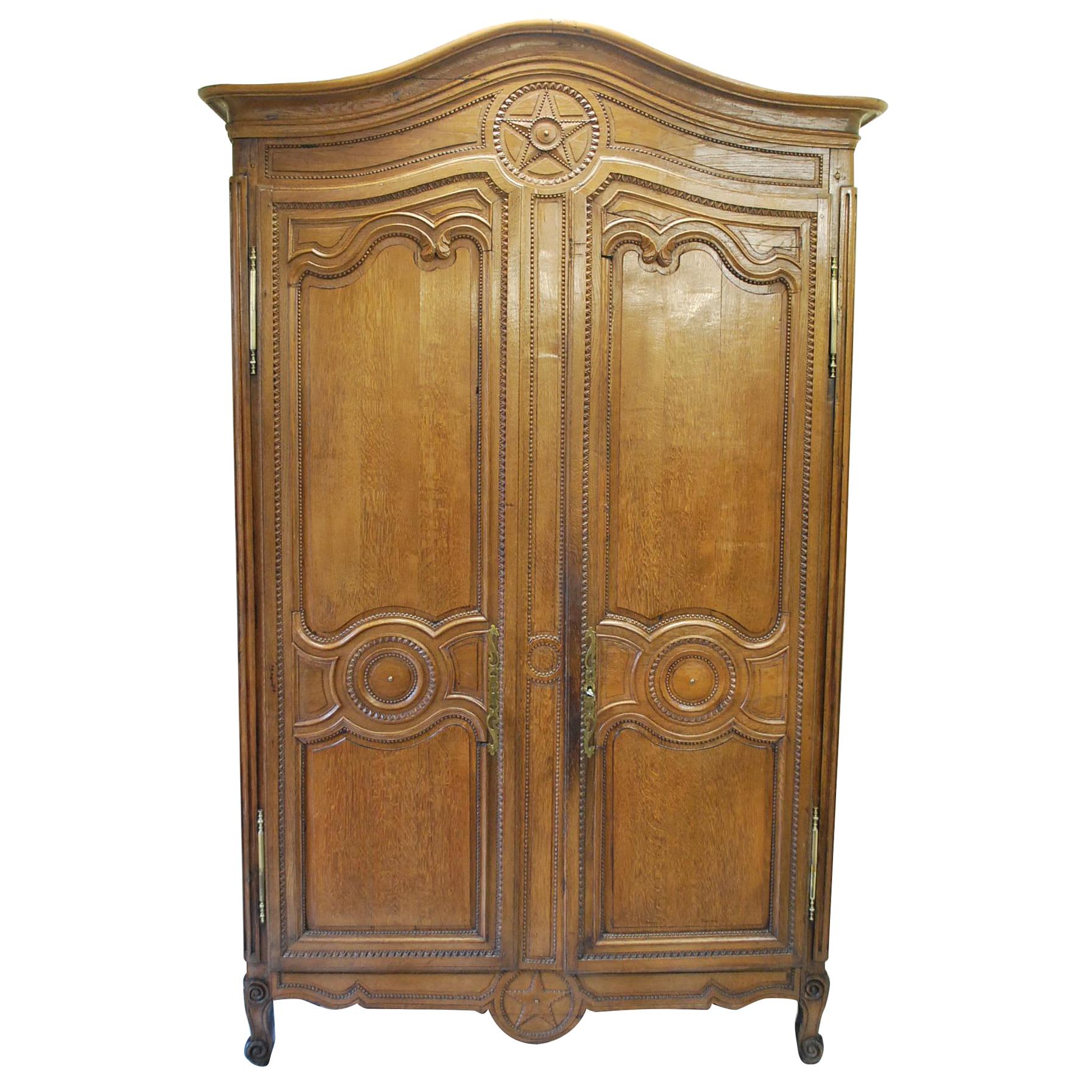 Antique French Brittany / Normandy Carved Oak French Armoire/ linen press For Sale