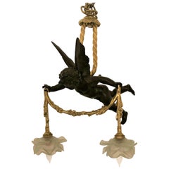 Antique French Bronze and Art Glass Chandelier