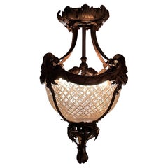 Antiguo Farol Art Nouveau francés de bronce y cristal circa 1890-1910