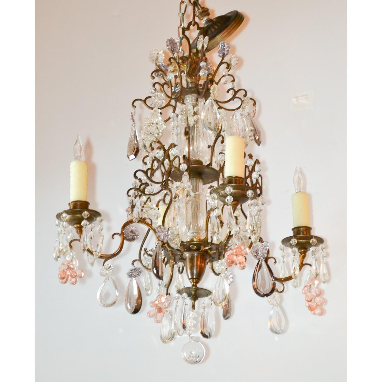 Carved Antique French Bronze and Crystal Chandelier